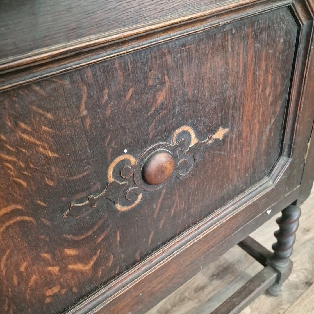 photo buy Antique Carved Court Cupboard Wood Barley Twist Oak Buffet Cabinet Sideboard