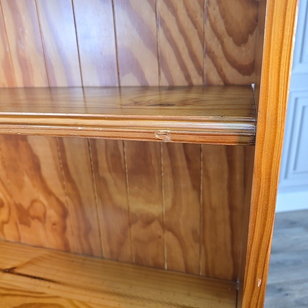 photo buy Vintage Pine Open Bookcase – Three Shelf – Scalloped Top Book Shelves Retro Wood
