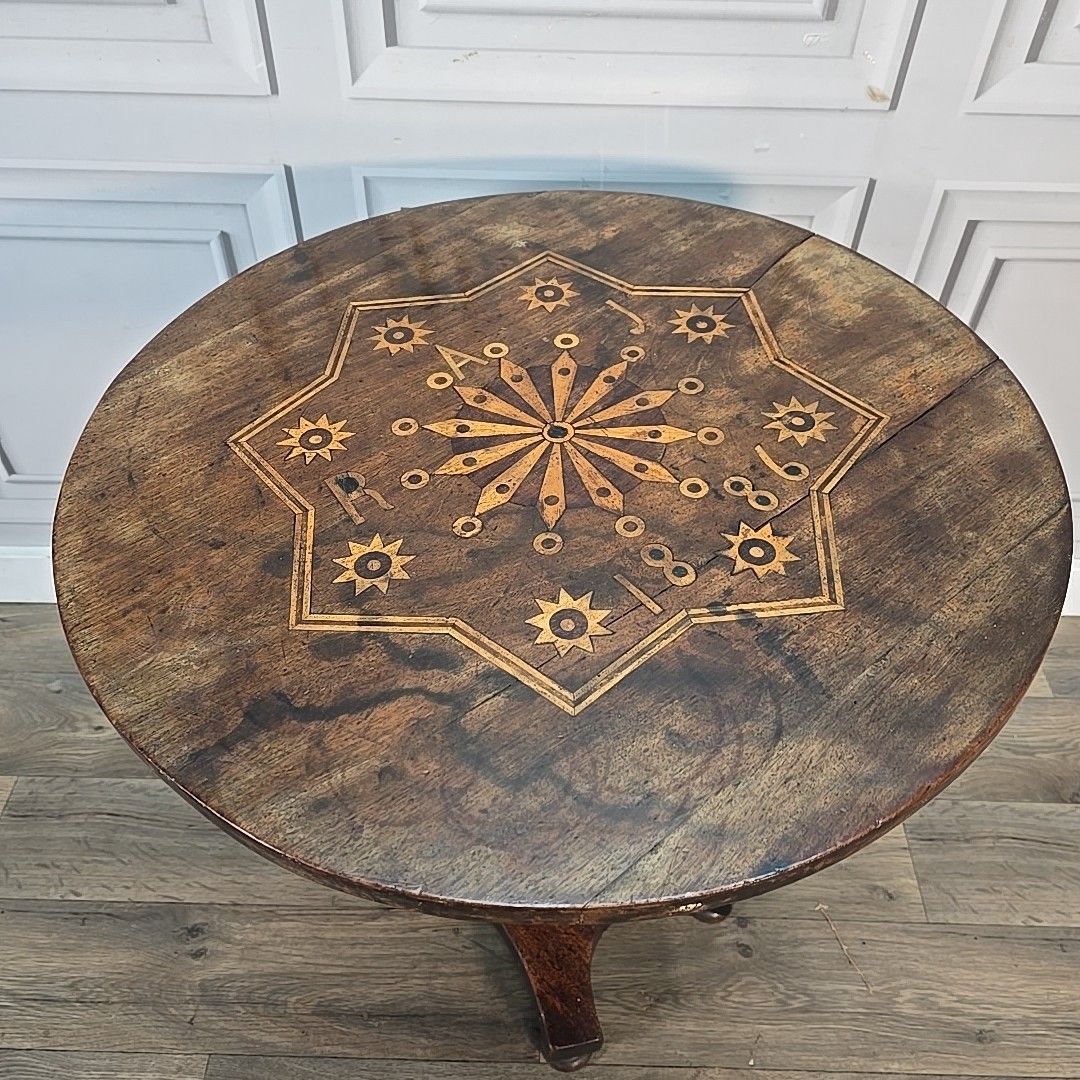 Antique Tilt Top Table – Side Inlaid Marquetry Top – Pedestal Base Window Lamp photo for sale