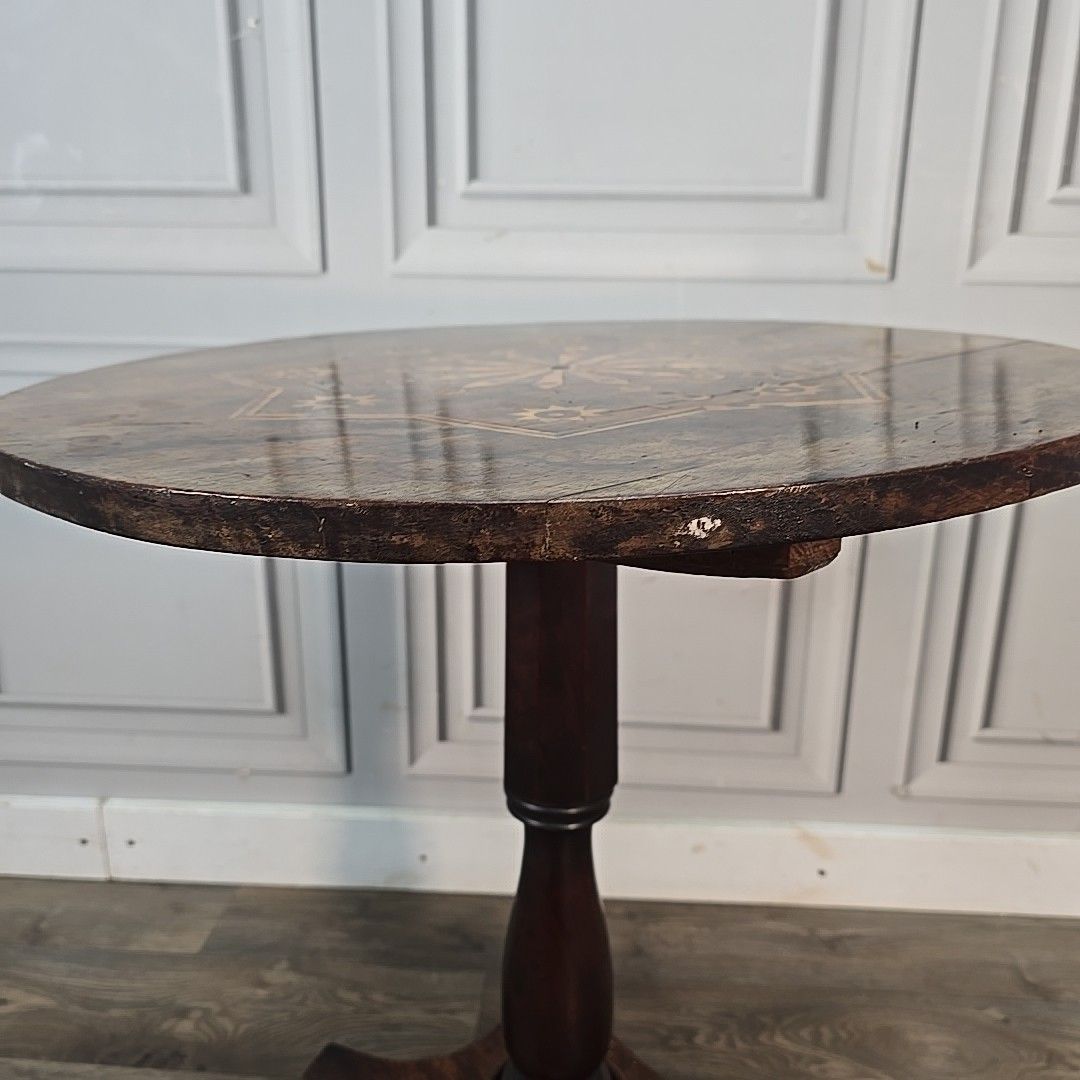 Antique Tilt Top Table – Side Inlaid Marquetry Top – Pedestal Base Window Lamp photo buy