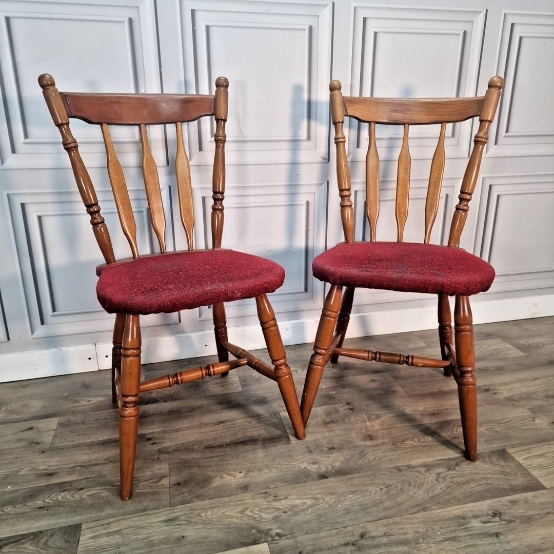 Vintage Farmhouse Dining Chairs Pair Of 2 Upholstered Pub Seats Solid Wood