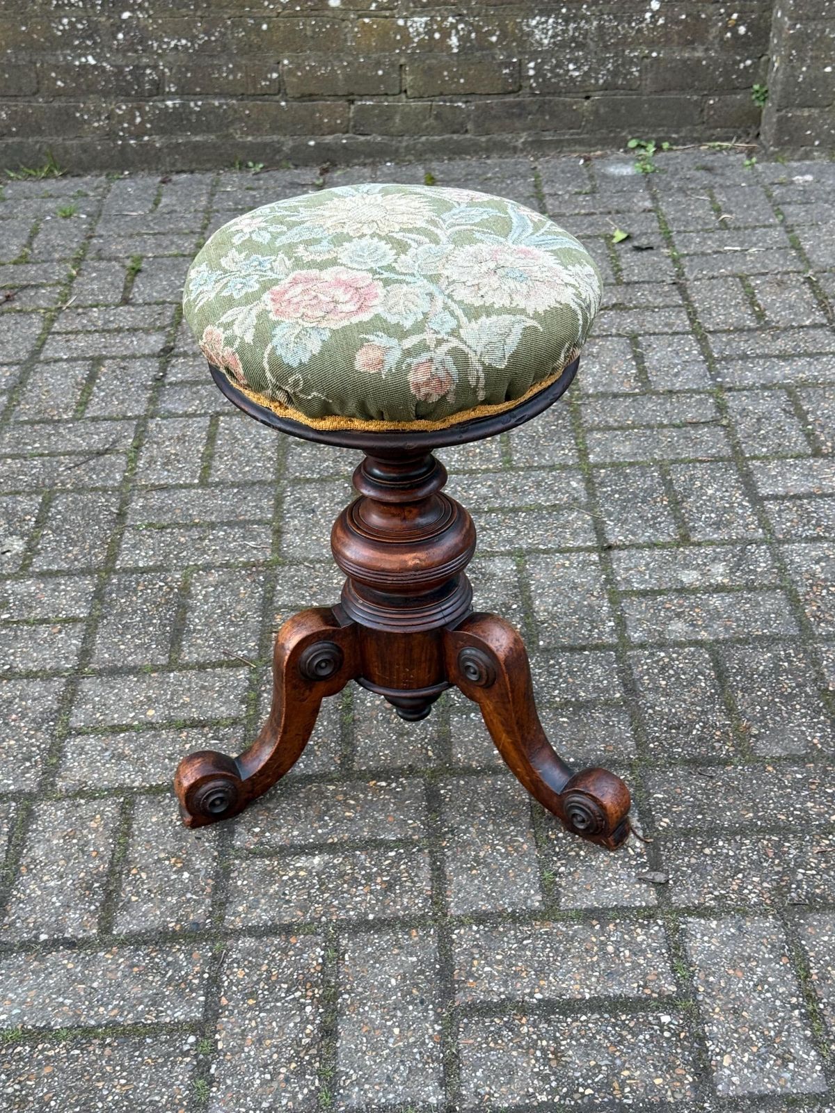 Antique Victorian Adjustable Piano Occasional Stool – Solid Wood Carved Tripod Stool With Floral Green Upholstered Seat photo furniture