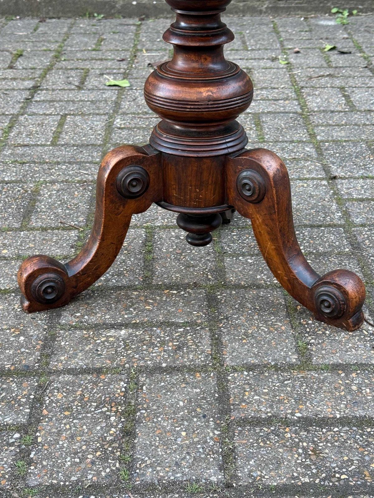 Antique Victorian Adjustable Piano Occasional Stool – Solid Wood Carved Tripod Stool With Floral Green Upholstered Seat photo vintage