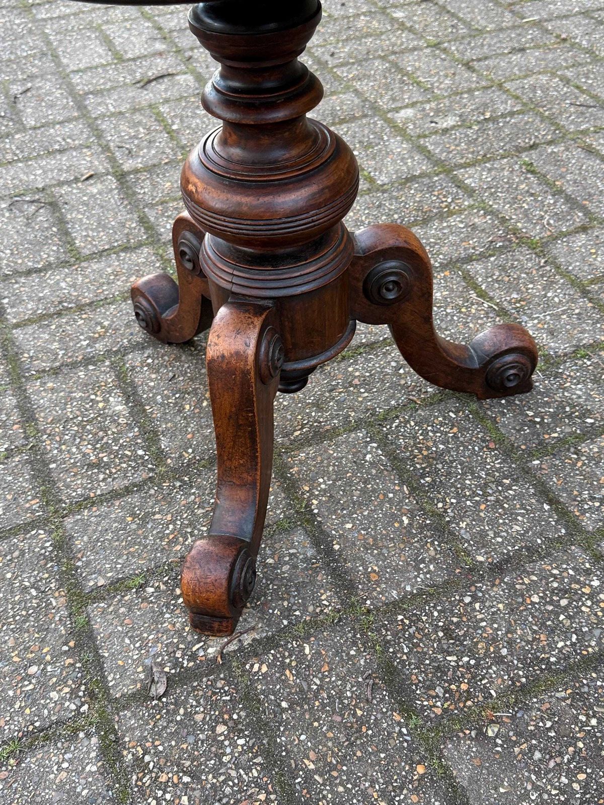 photo for sale Antique Victorian Adjustable Piano Occasional Stool – Solid Wood Carved Tripod Stool With Floral Green Upholstered Seat