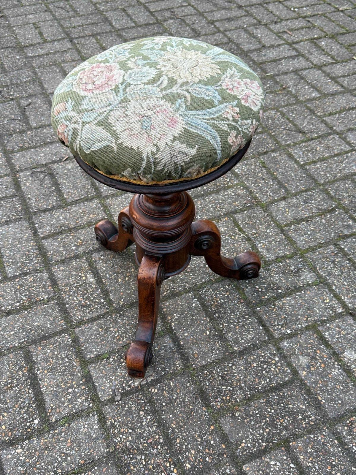 Furniture Antique Victorian Adjustable Piano Occasional Stool – Solid Wood Carved Tripod Stool With Floral Green Upholstered Seat photo