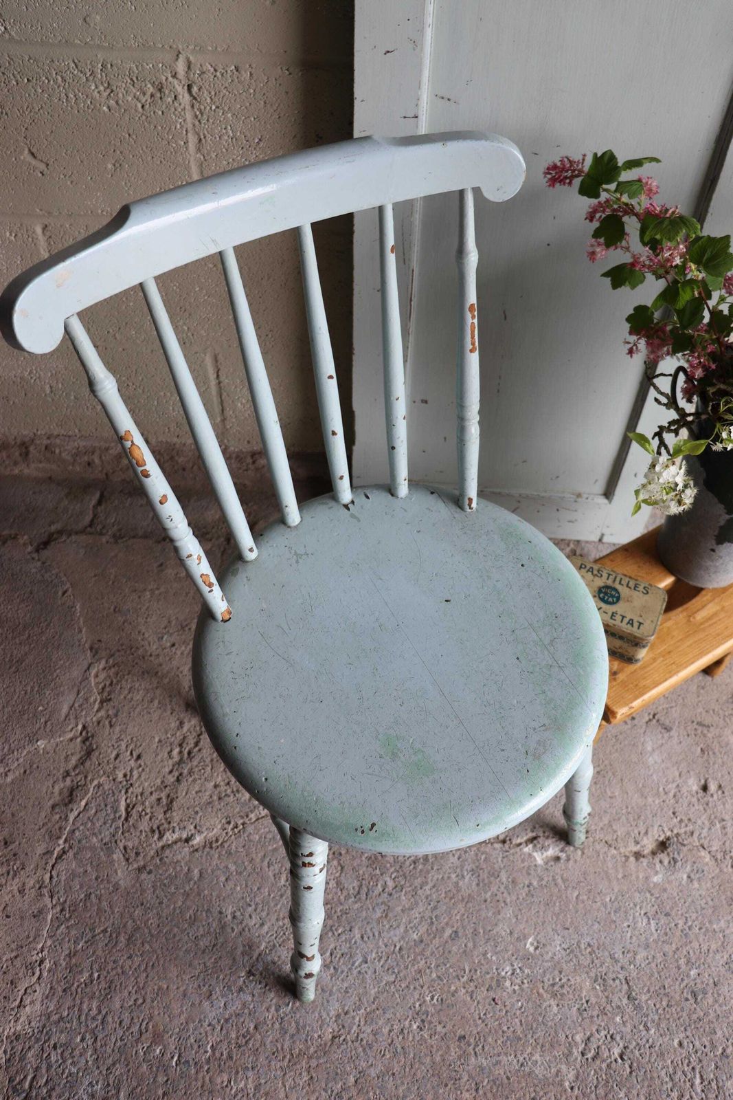 Painted Spindle Back Farmhouse Penny Chair In Original Distressed Duck Egg Blue photo buy