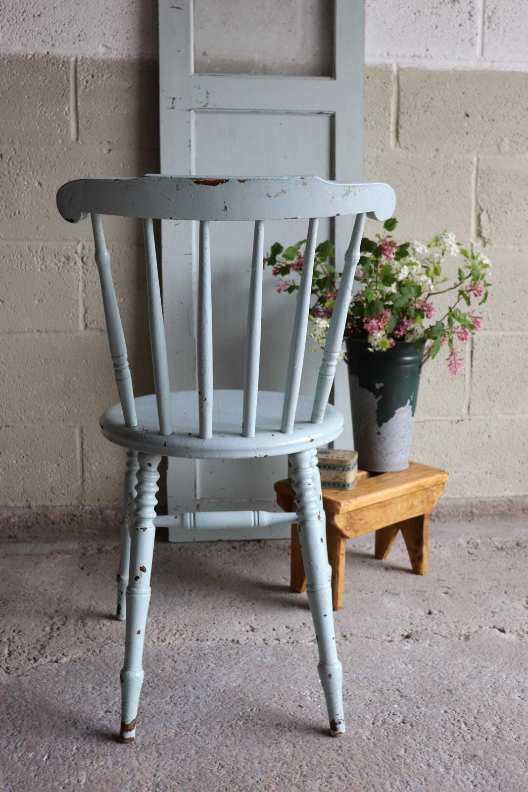Furniture Painted Spindle Back Farmhouse Penny Chair In Original Distressed Duck Egg Blue photo