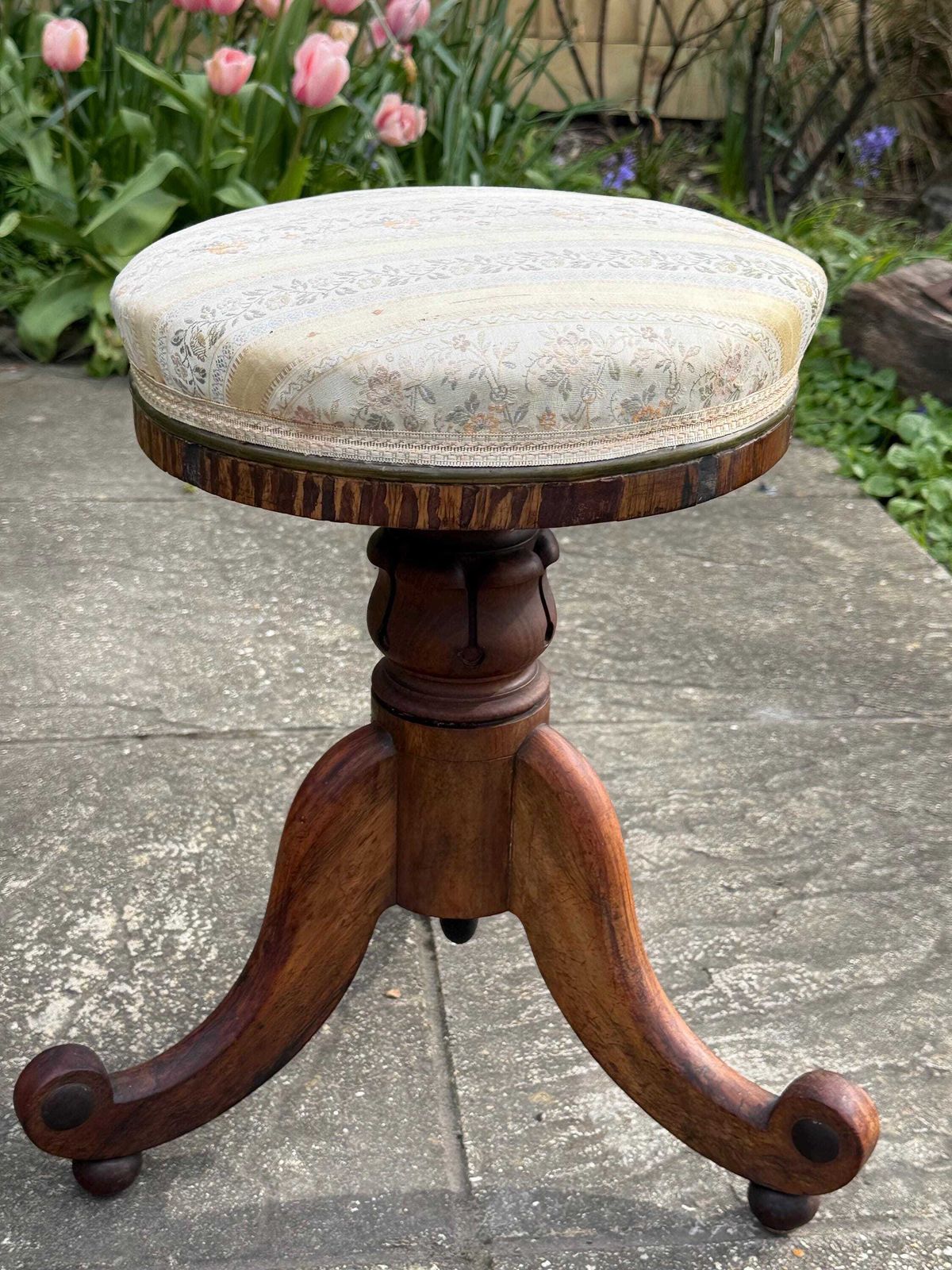 Antique Victorian Piano Stool Carved Walnut Adjustable Seat Yellwo Striped Floral Upholstery photo furniture