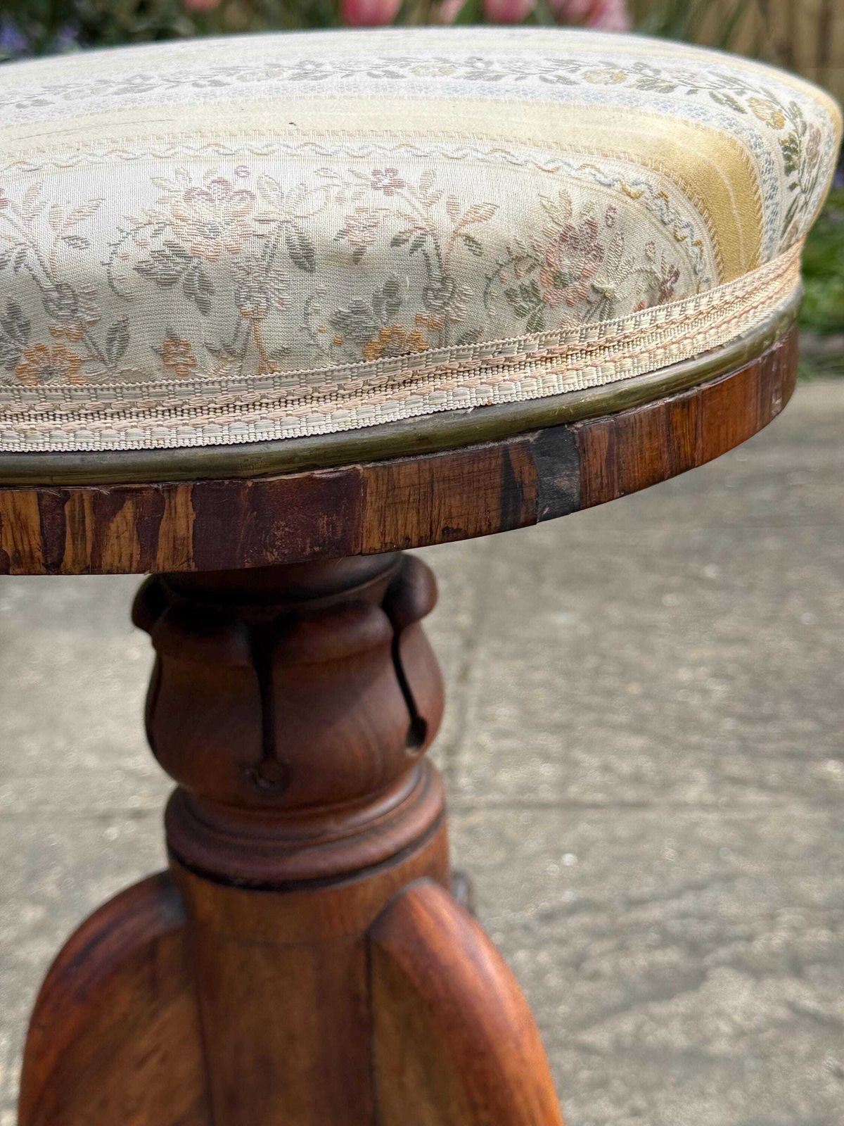 Antique Victorian Piano Stool Carved Walnut Adjustable Seat Yellwo Striped Floral Upholstery photo buy