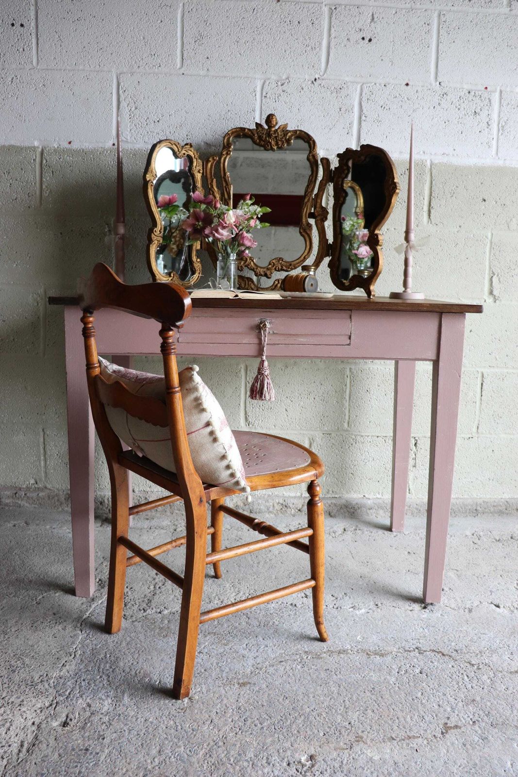 French Mid Century Desk Or Dressing Table With Pink Painted Base And Drawer