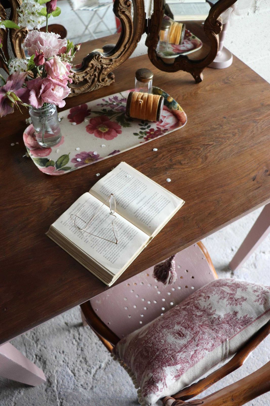 French Mid Century Desk Or Dressing Table With Pink Painted Base And Drawer photo Furniture