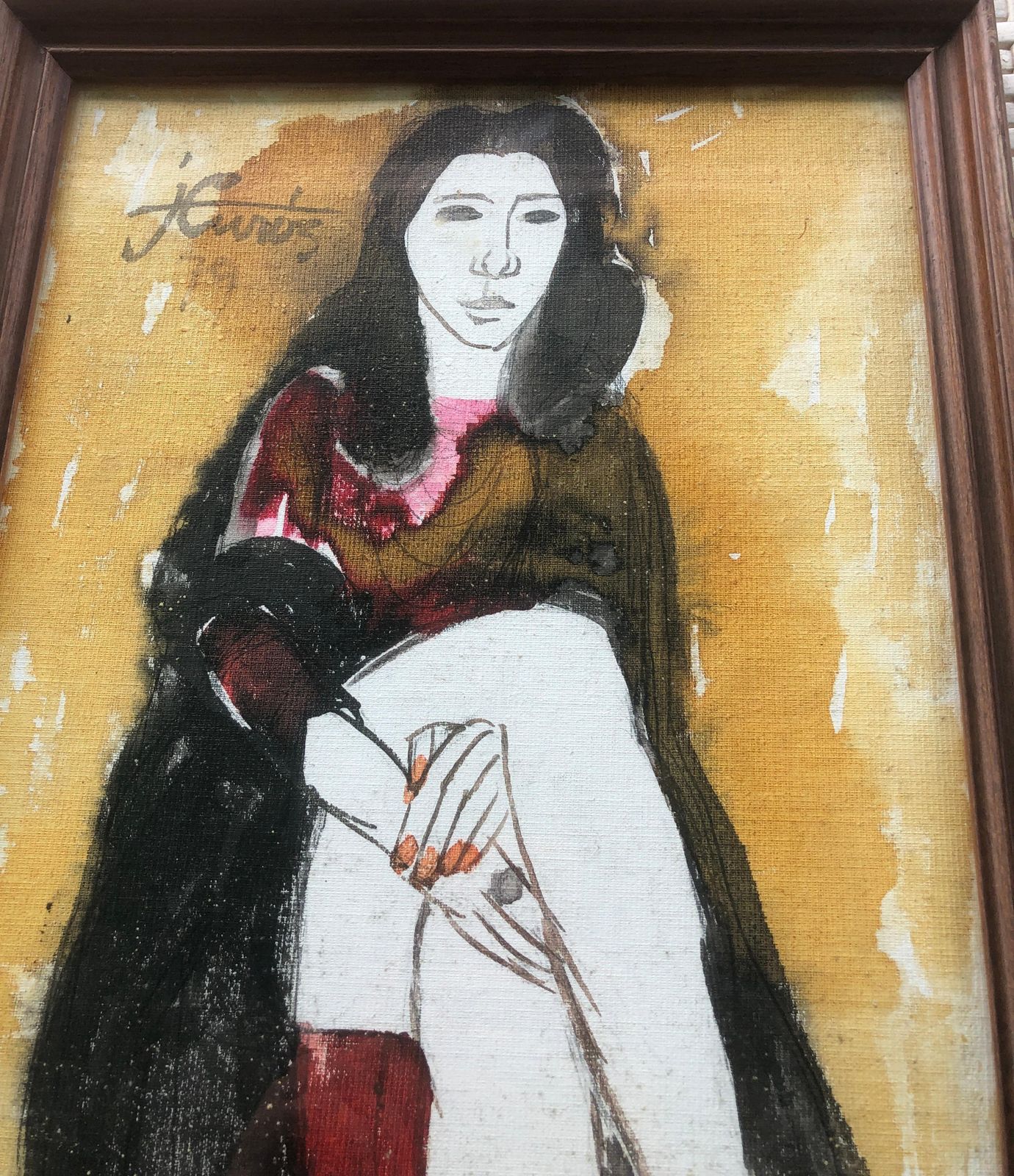 Jordi Curos Woman Posing, Mixed Media Painting Fauvist 1979 photo buy