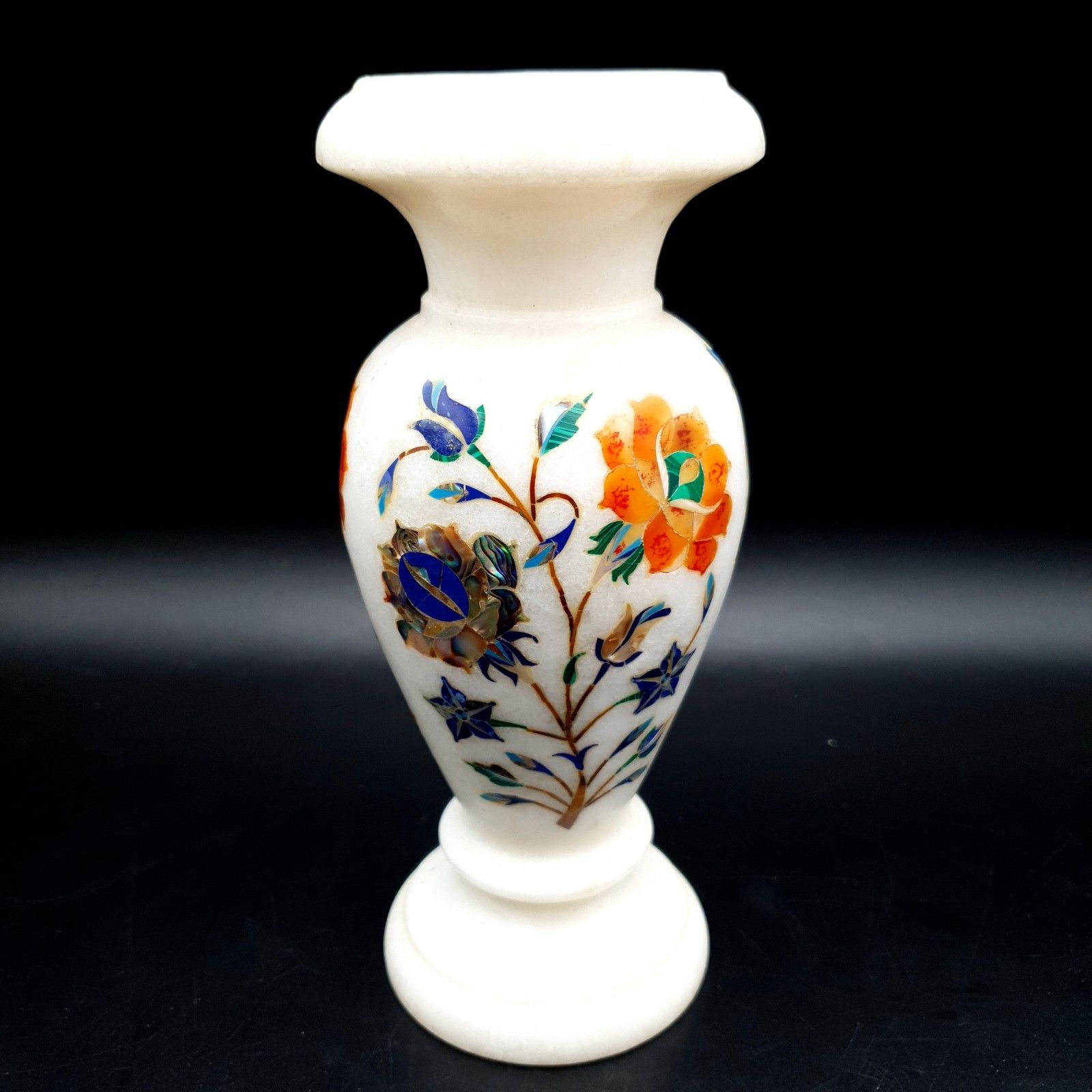 White Marble Decor Pietra Dura Art Semi Precious Stones Flower Bud Vase H 18cm photo for sale
