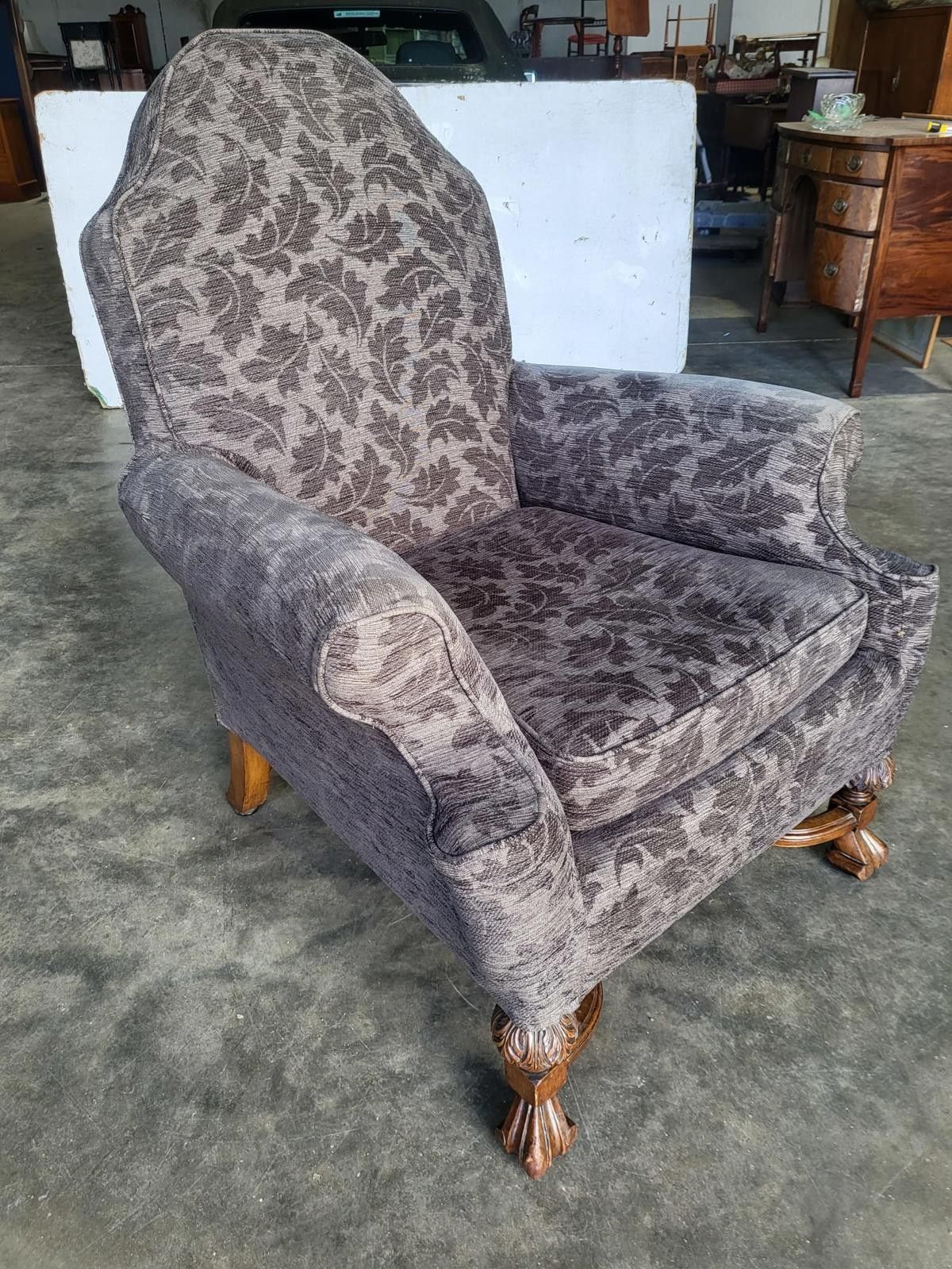 Antique Repro? High Back Arm Chair Oak Legs Scroll Arms