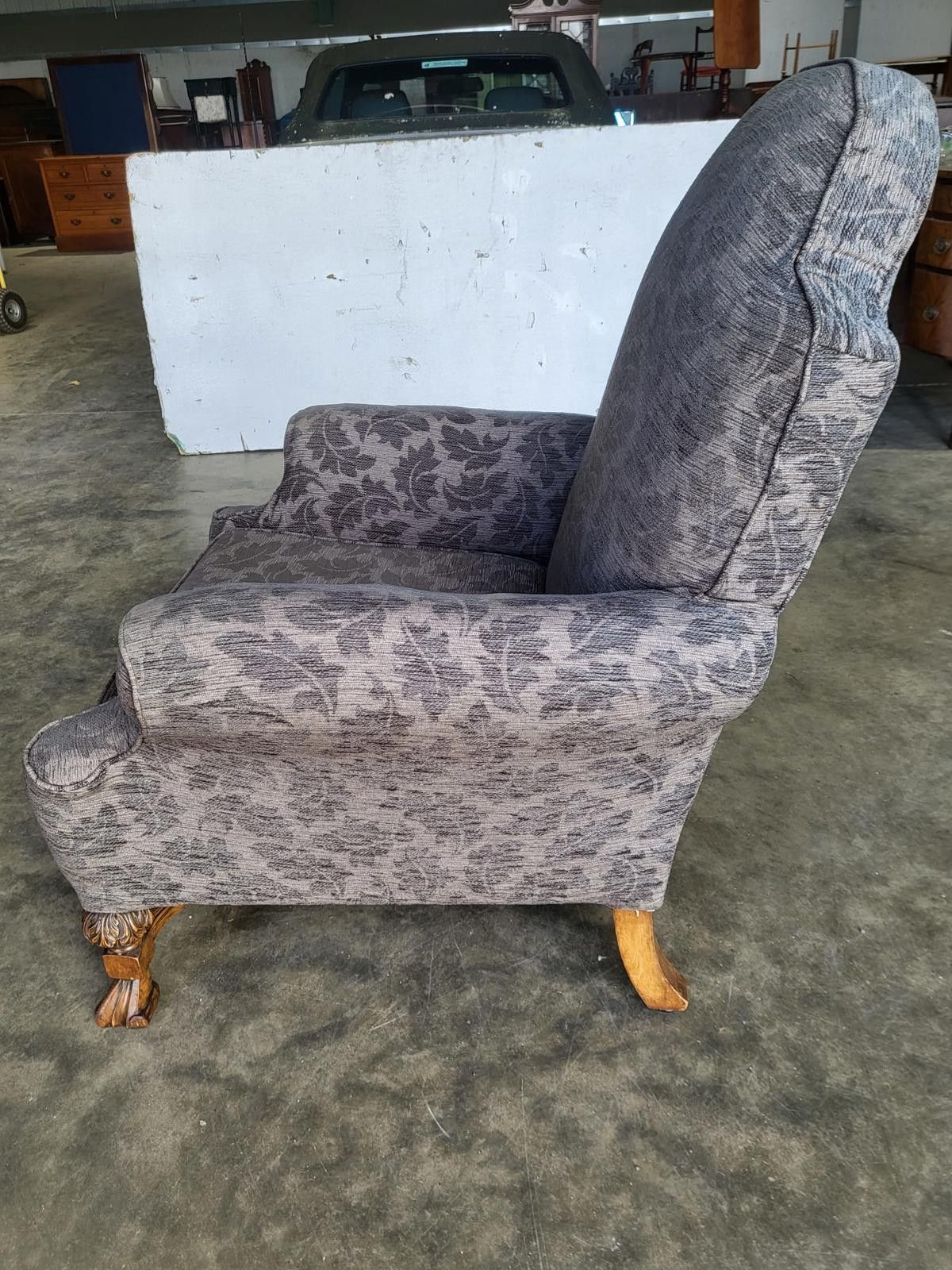 Antique Repro? High Back Arm Chair Oak Legs Scroll Arms photo vintage