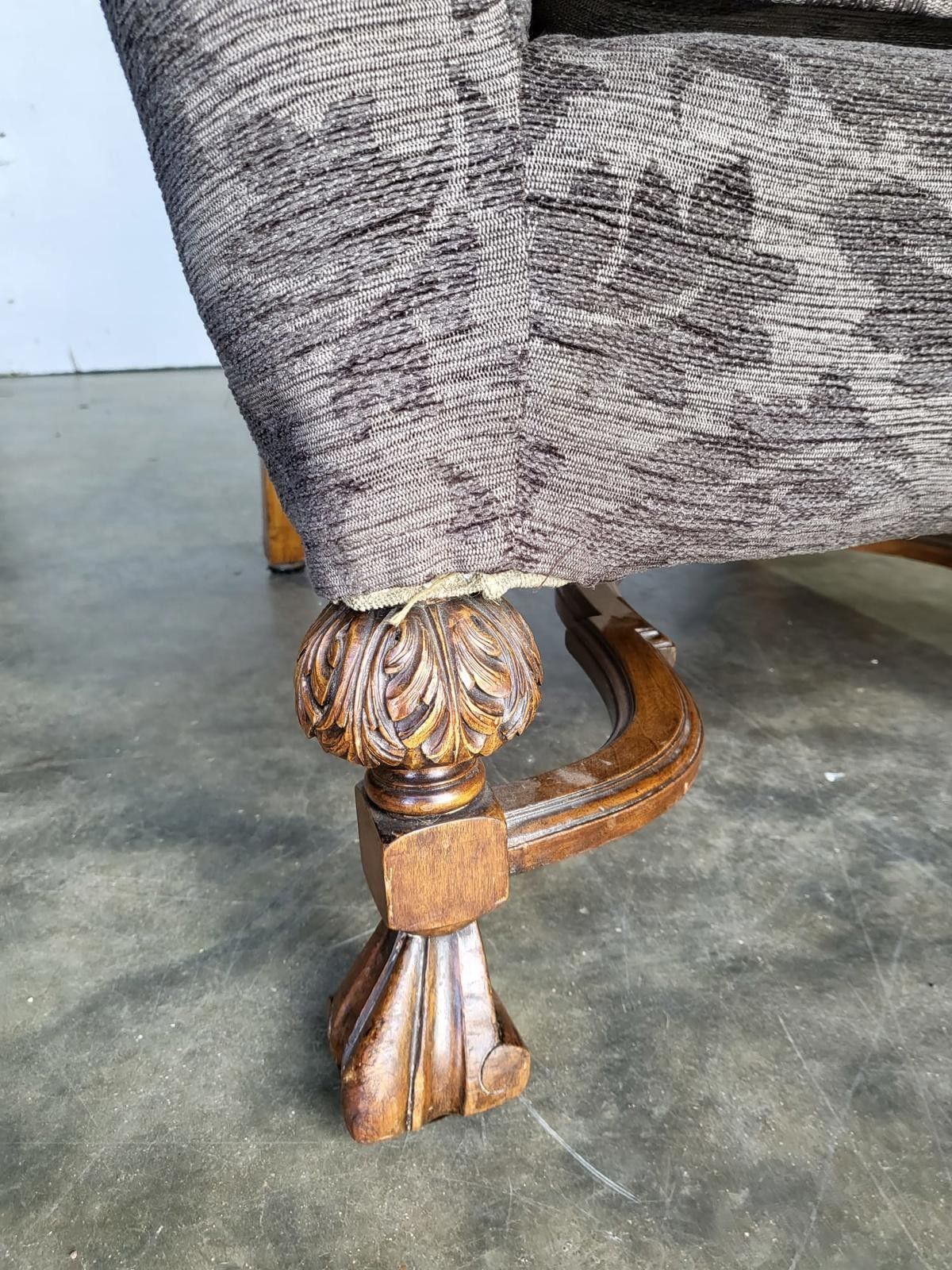 photo furniture Antique Repro? High Back Arm Chair Oak Legs Scroll Arms