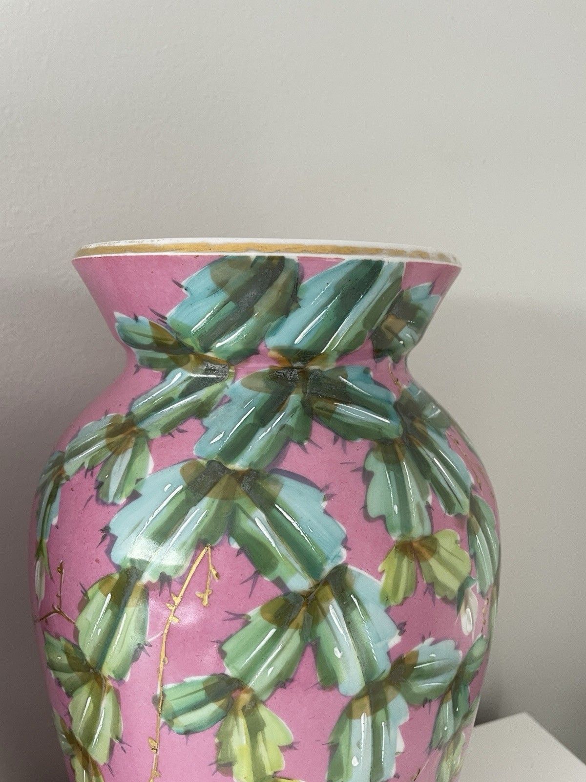 Pair Vintage Pink Chinoiserie Vases Hand Painted Flowering Cactus Gold Details photo buy