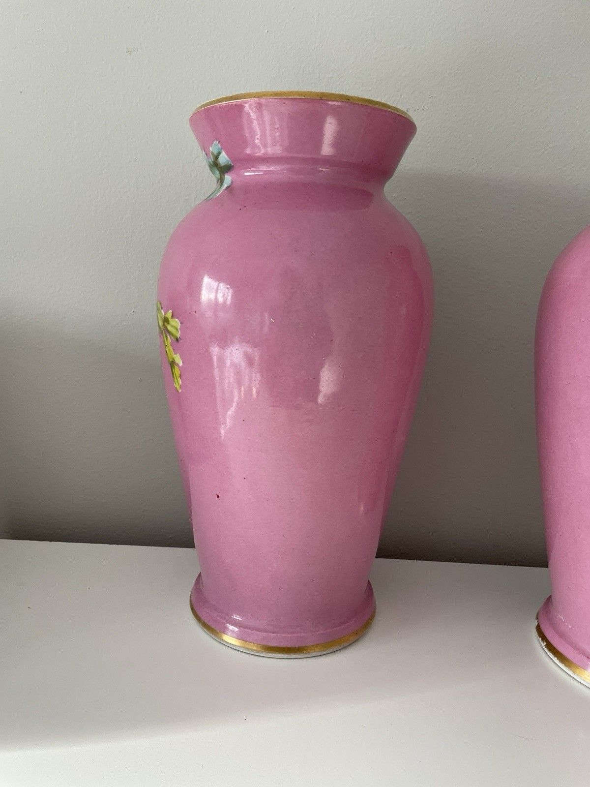 185.0 Pair Vintage Pink Chinoiserie Vases Hand Painted Flowering Cactus Gold Details photo