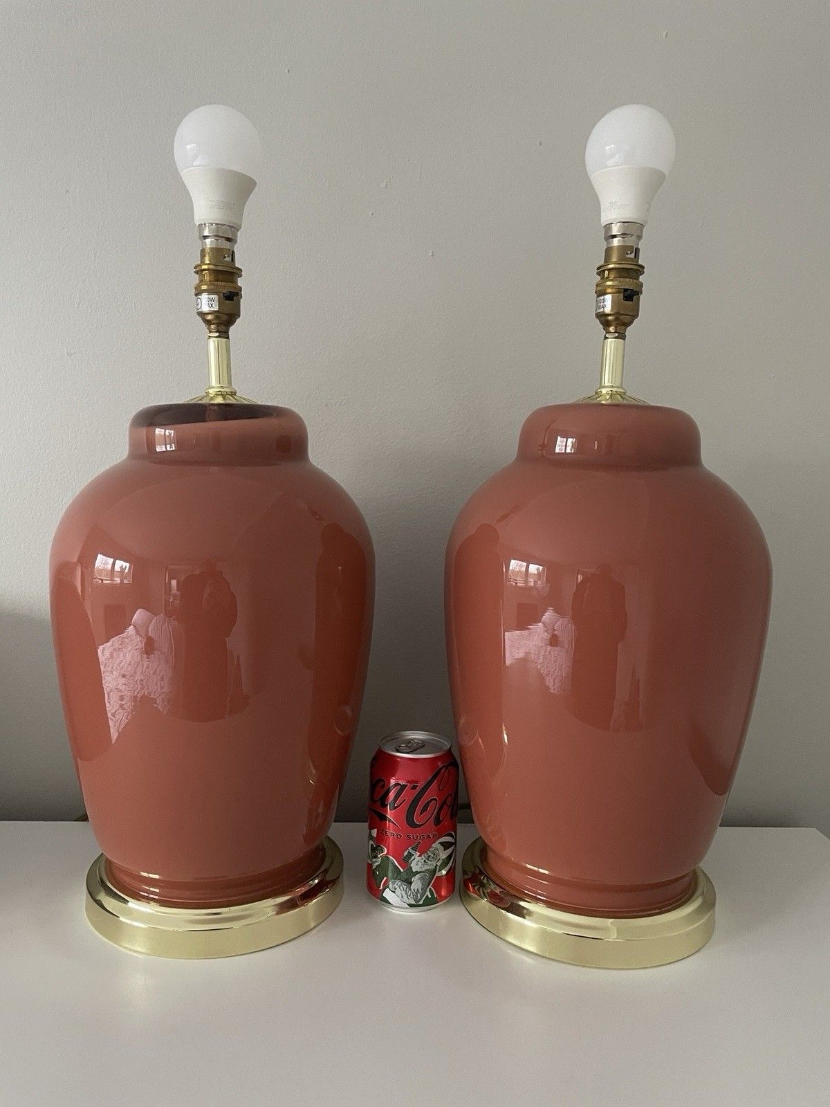 Lighting Pair Of Large Vintage Glass Cased Pink / Terracotta Coloured Lamps Working photo