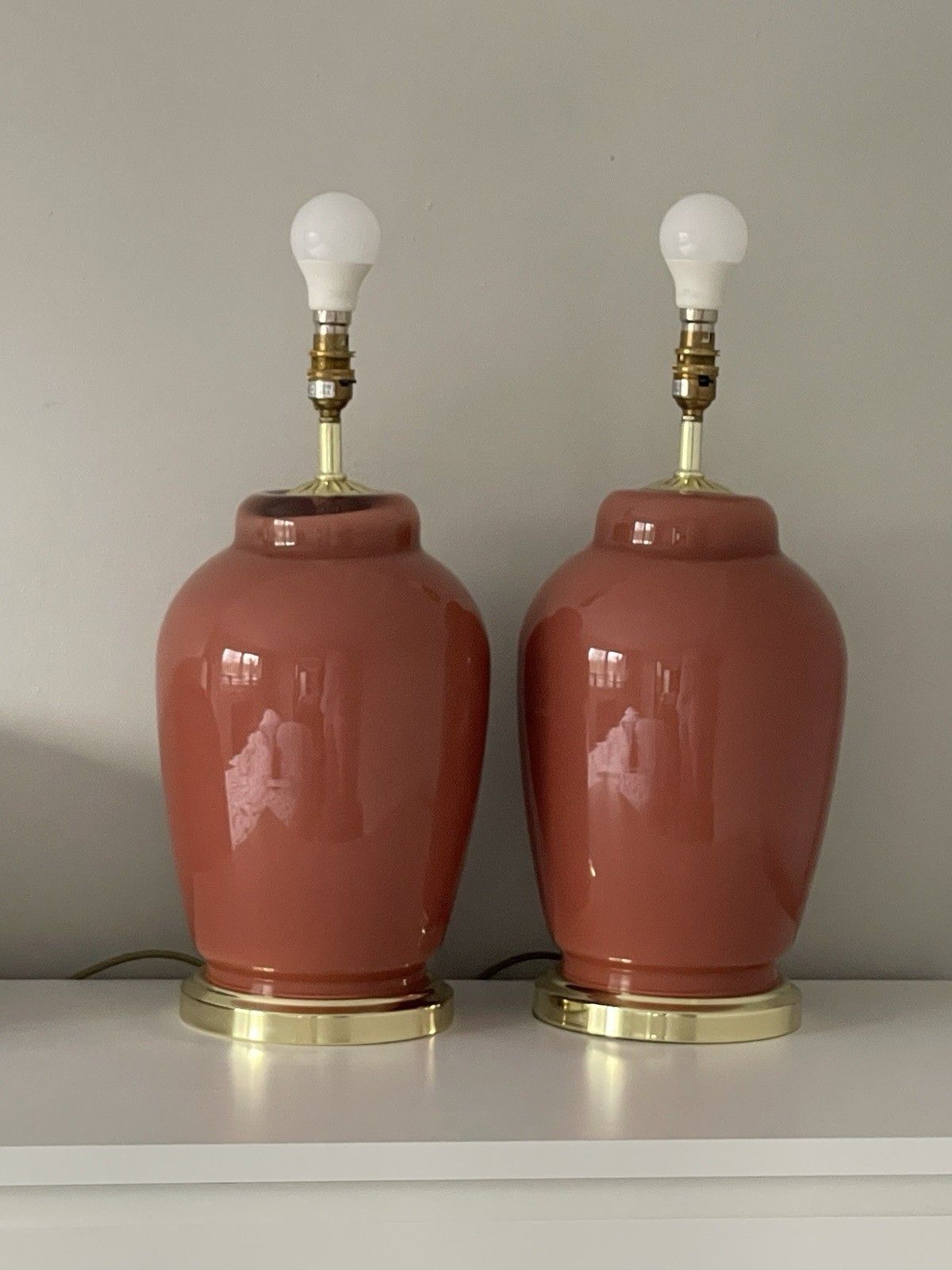 165.0 Pair Of Large Vintage Glass Cased Pink / Terracotta Coloured Lamps Working photo