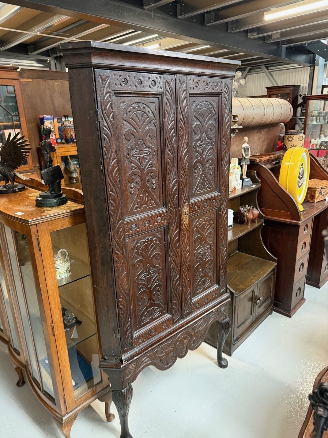 Antique Oak 2 Door Corner Unit With Carved Panels Resting On Cabriole Feet photo furniture