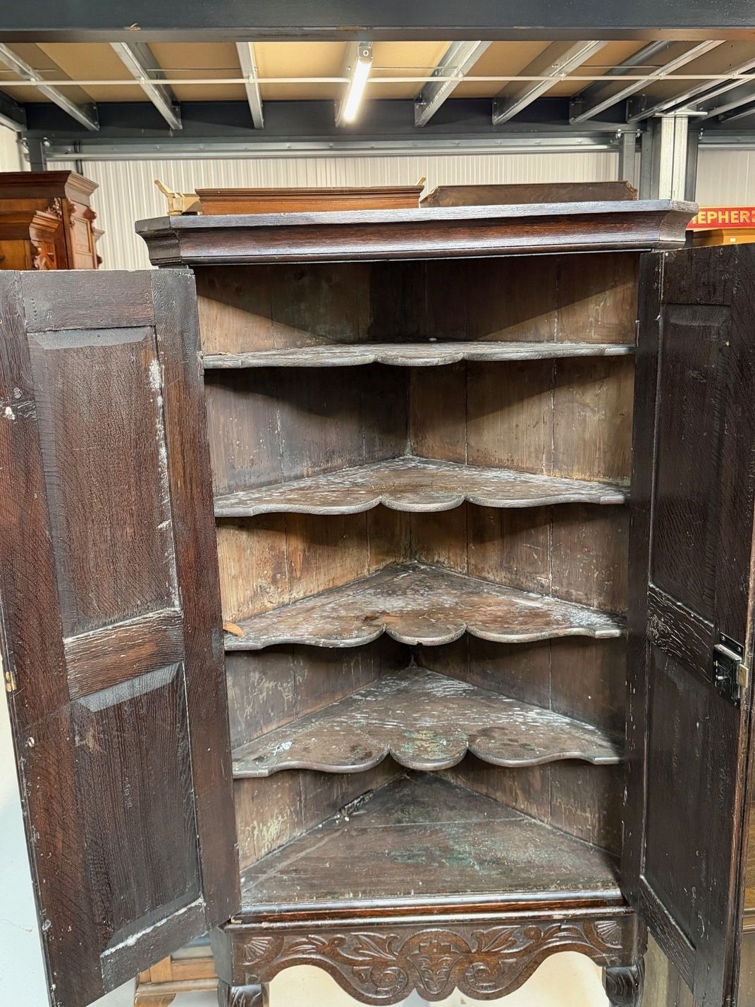 Antique Oak 2 Door Corner Unit With Carved Panels Resting On Cabriole Feet photo for sale