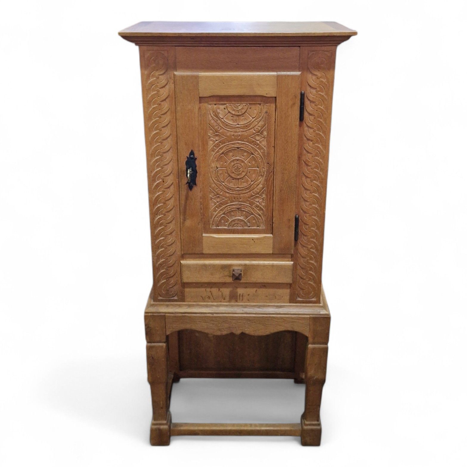 Carved Oak Side Cupboard / Antique Style Cabinet On Stand With Drawer + Key