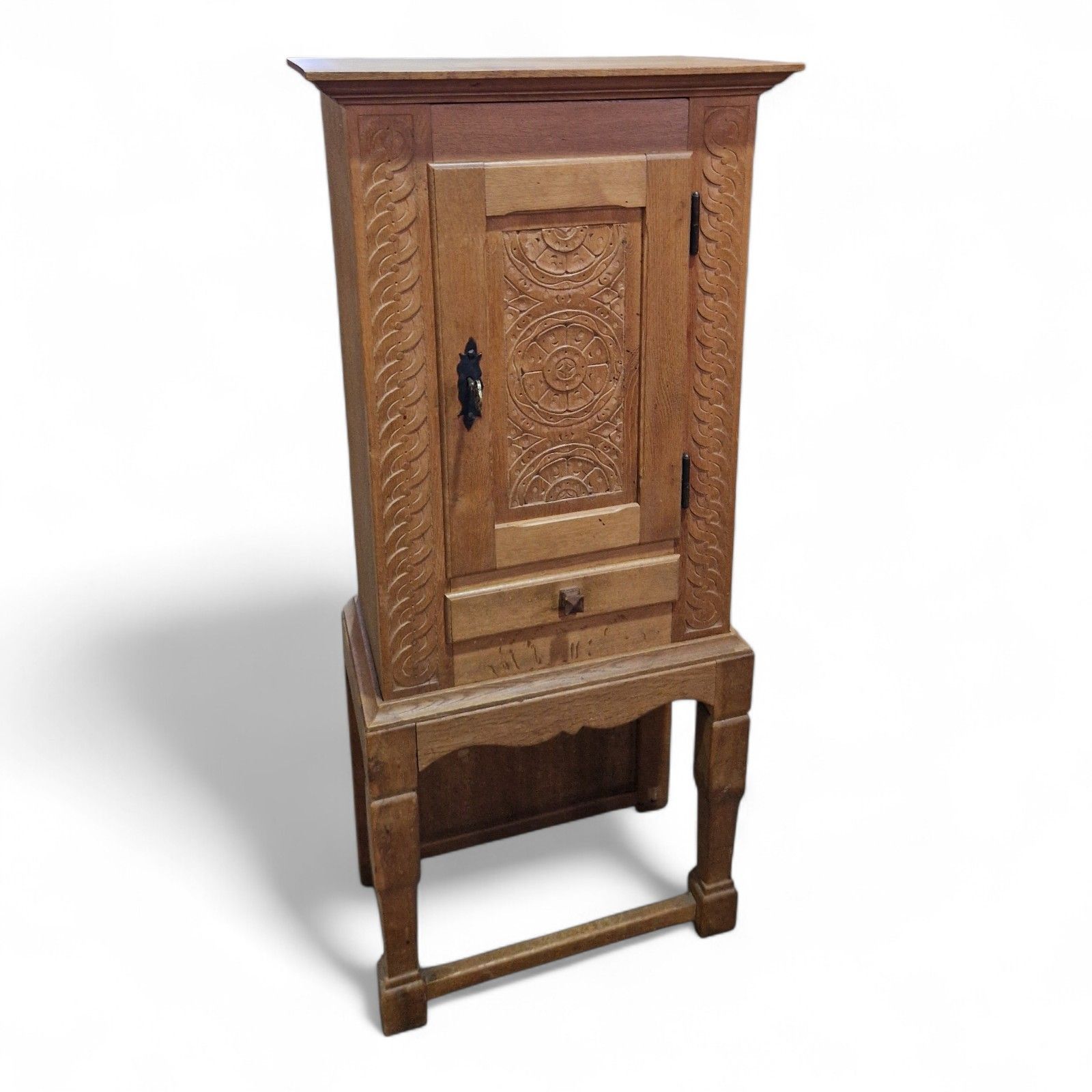 Carved Oak Side Cupboard / Antique Style Cabinet On Stand With Drawer + Key photo furniture