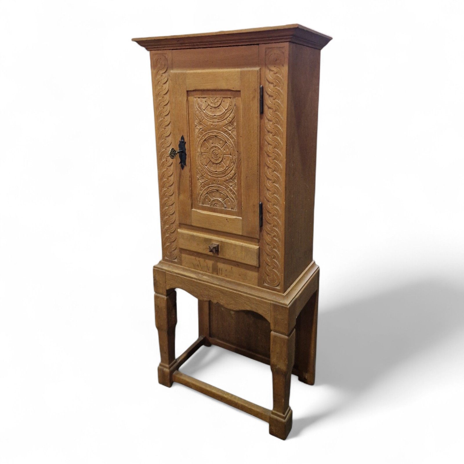 Carved Oak Side Cupboard / Antique Style Cabinet On Stand With Drawer + Key photo 220.0