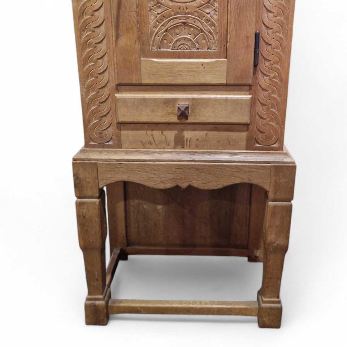 Carved Oak Side Cupboard / Antique Style Cabinet On Stand With Drawer + Key photo vintage