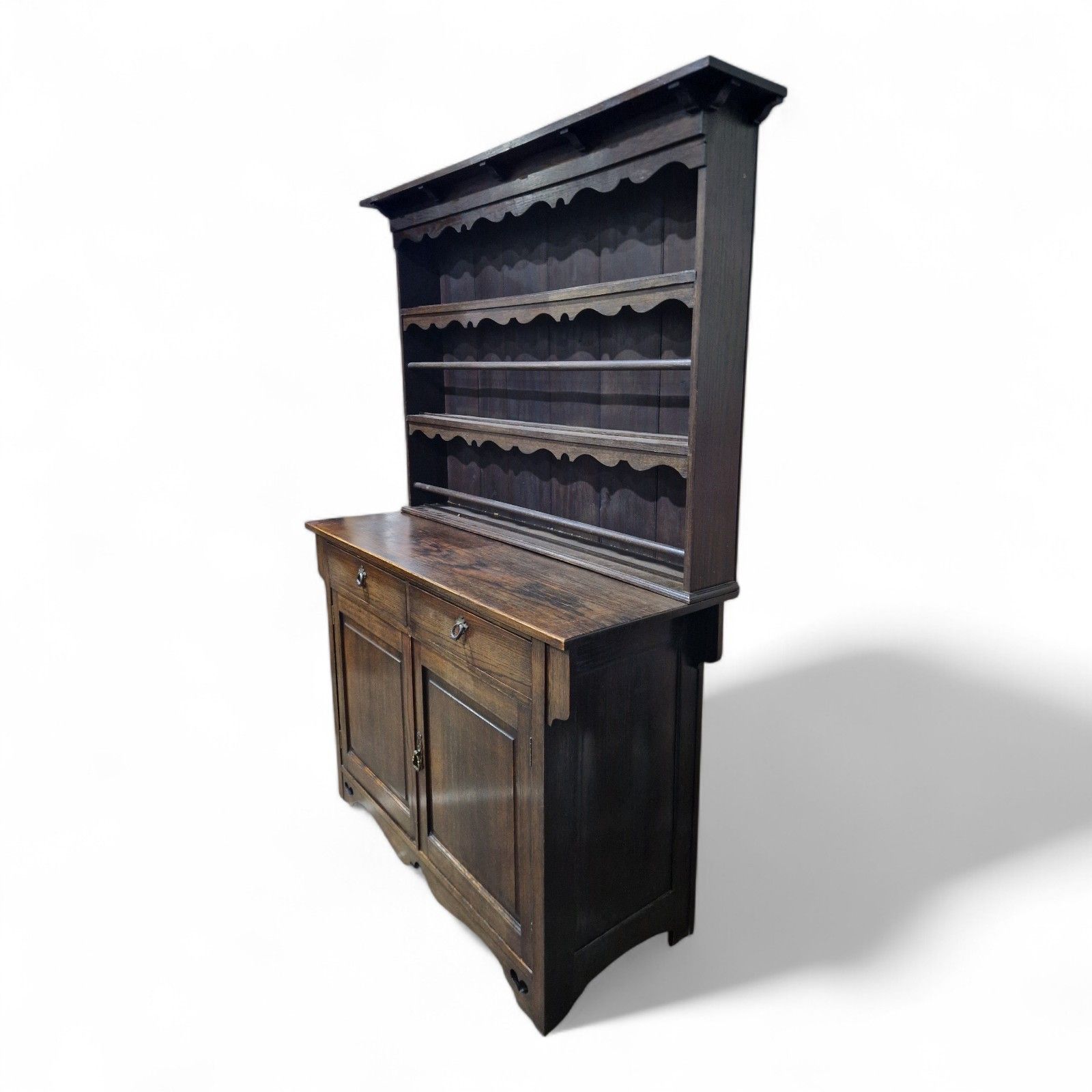 Antique Oak Cabinet Dresser Arts & Crafts Double Cupboard + Delft Display Rack photo Furniture