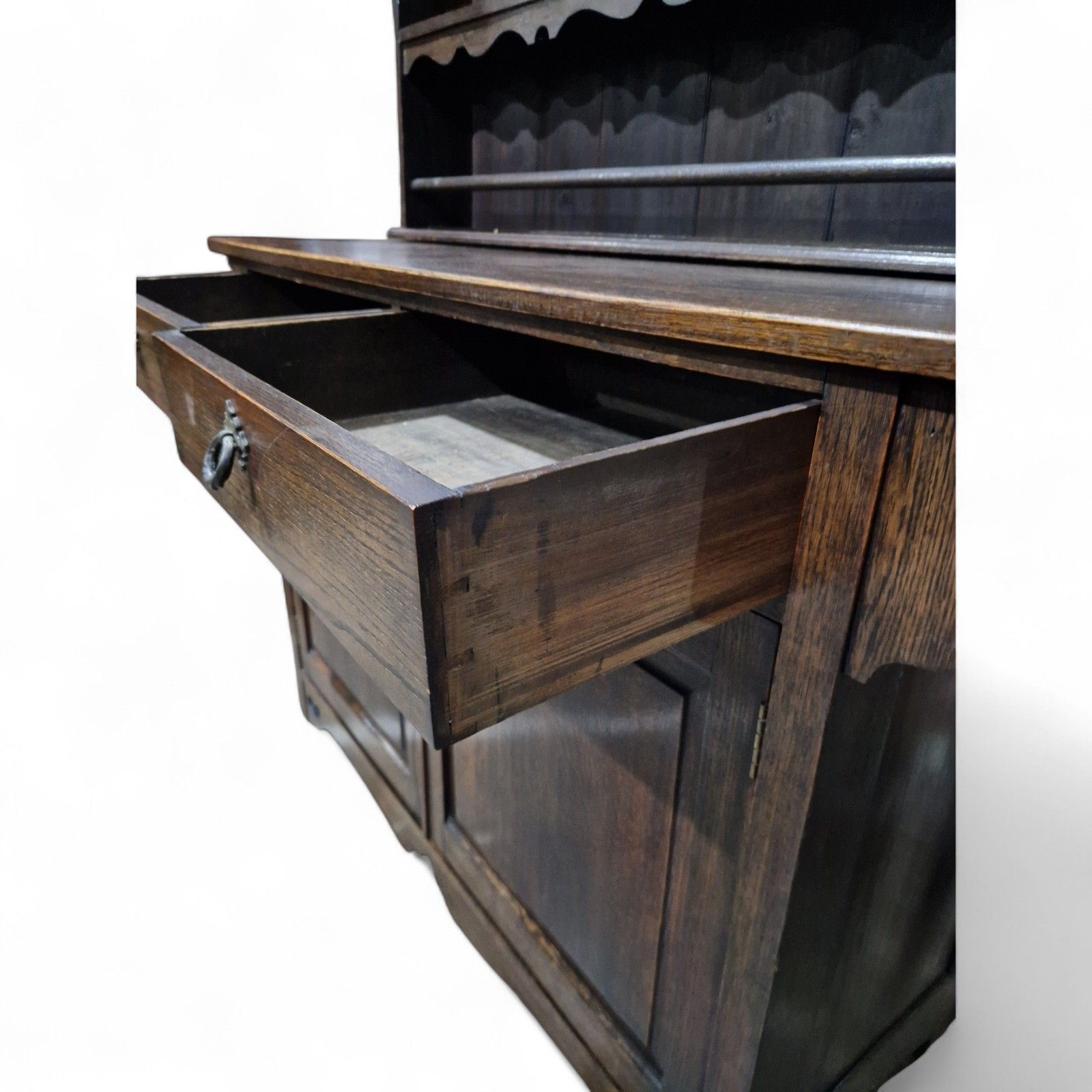 photo for sale Antique Oak Cabinet Dresser Arts & Crafts Double Cupboard + Delft Display Rack