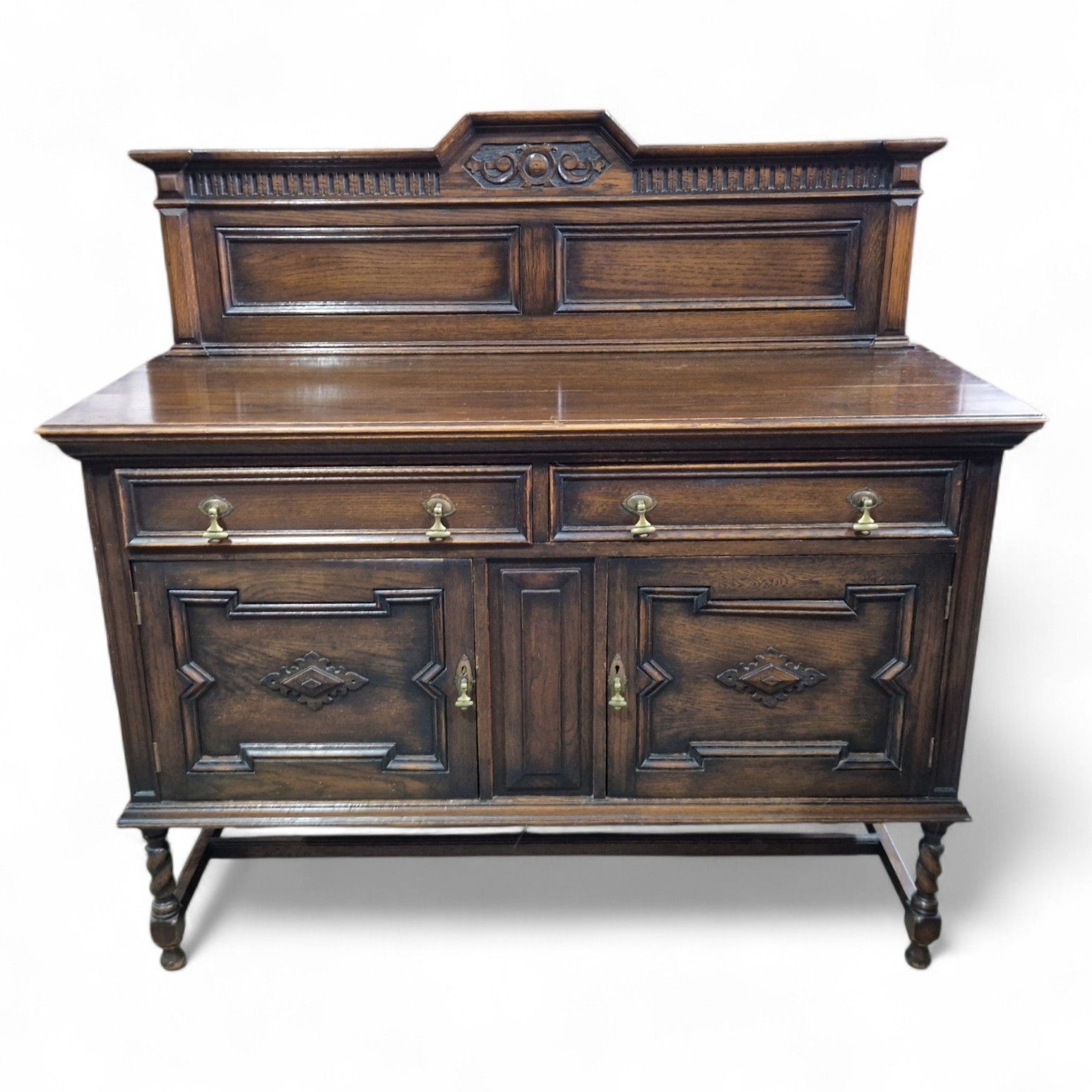 Antique Oak Jacobean Style Sideboard Carved Doors Twist Legs Cabinet photo furniture