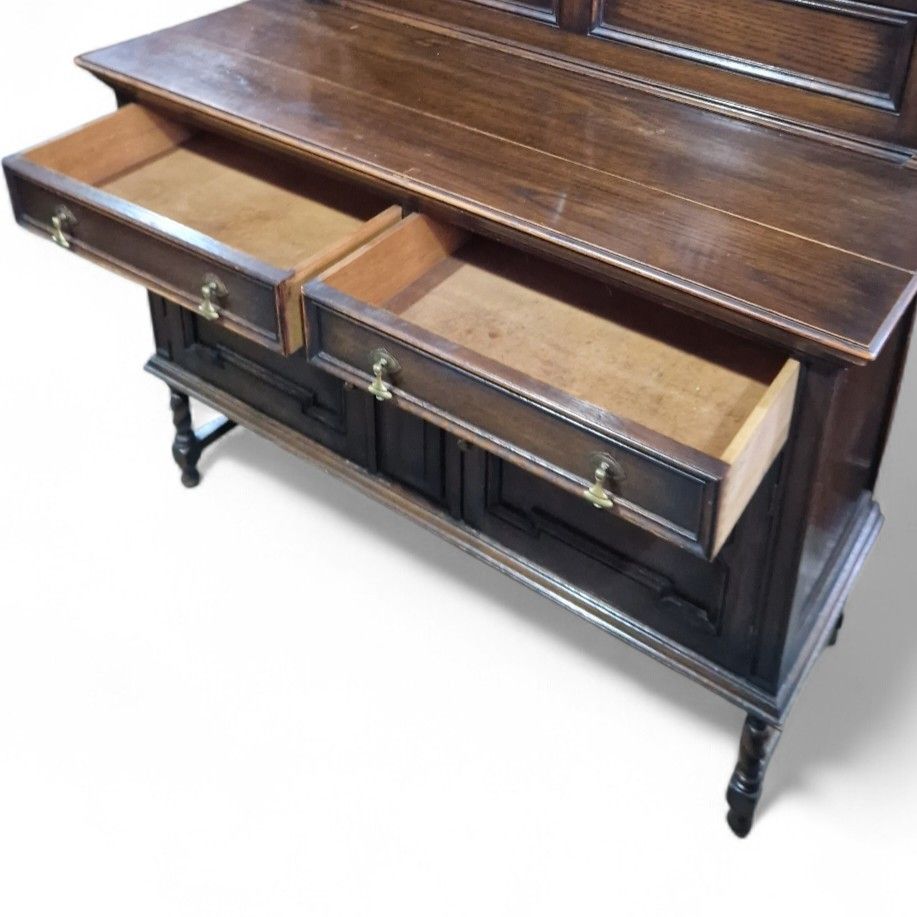 195.0 Antique Oak Jacobean Style Sideboard Carved Doors Twist Legs Cabinet photo
