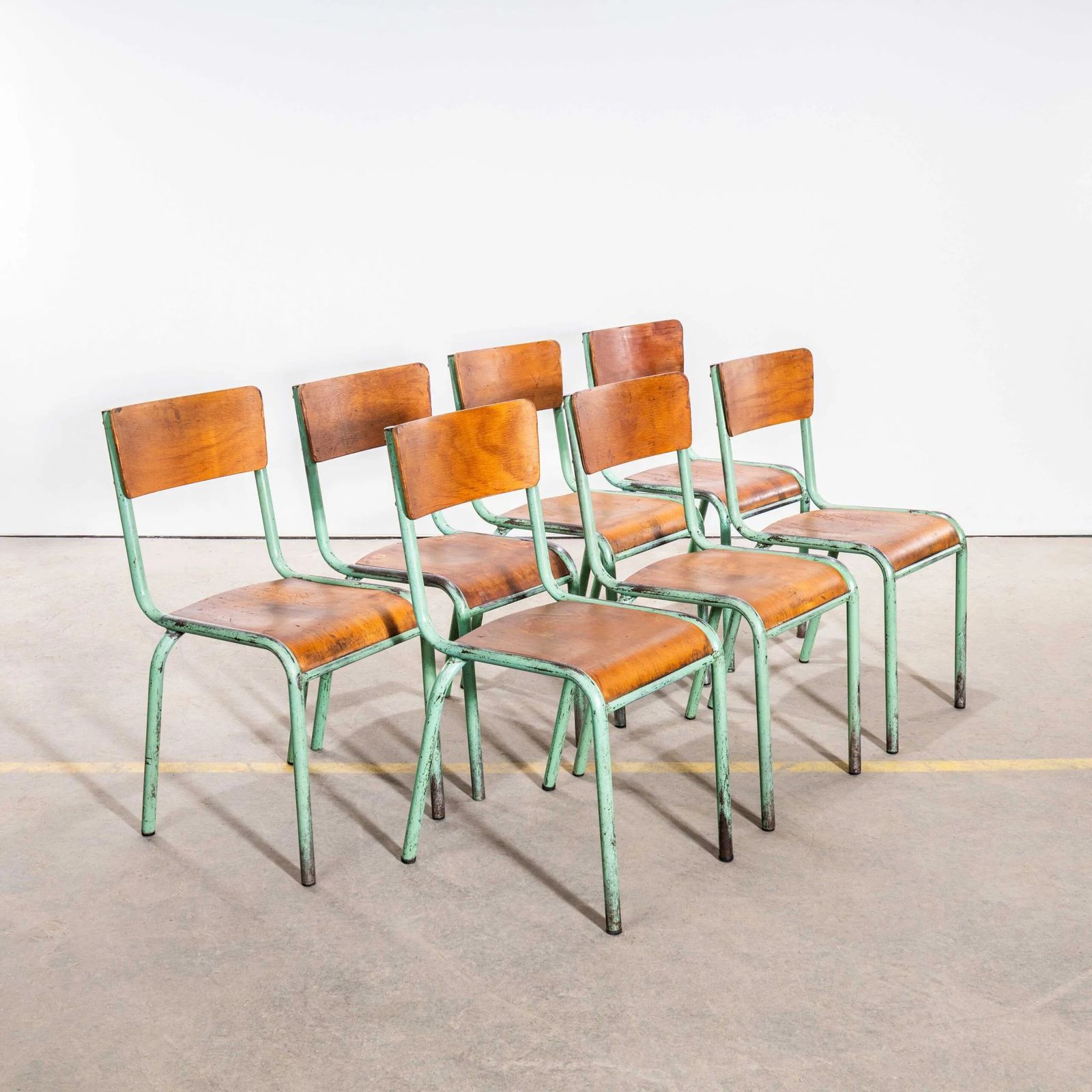 1950’s French Mullca Mint Green Simple Stacking Dining Chairs – Set Of Seven photo for sale