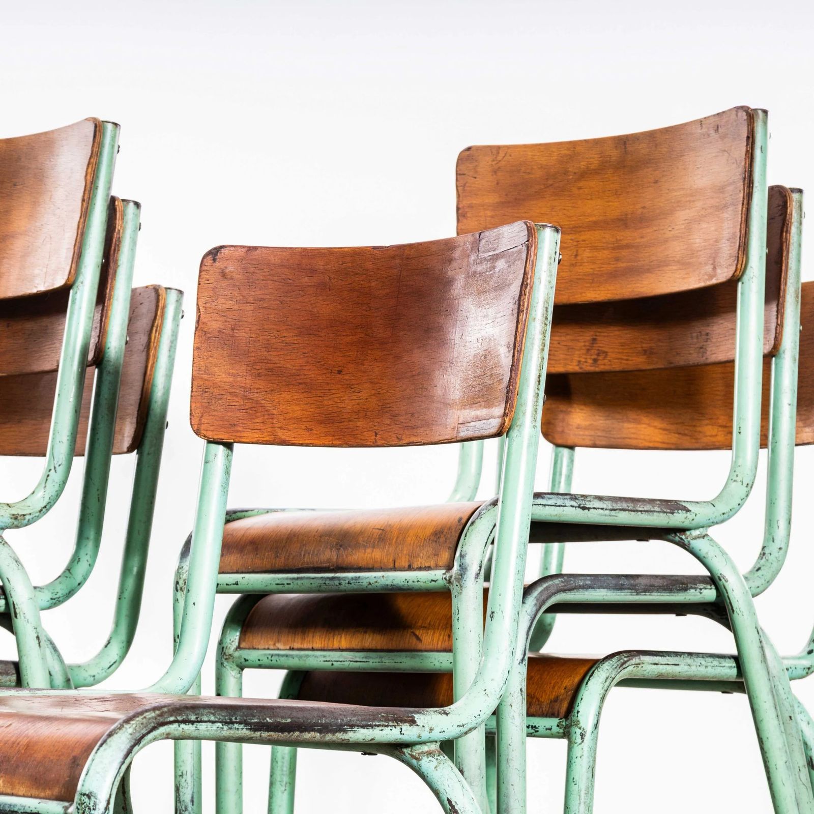 1950’s French Mullca Mint Green Simple Stacking Dining Chairs – Set Of Seven photo Furniture