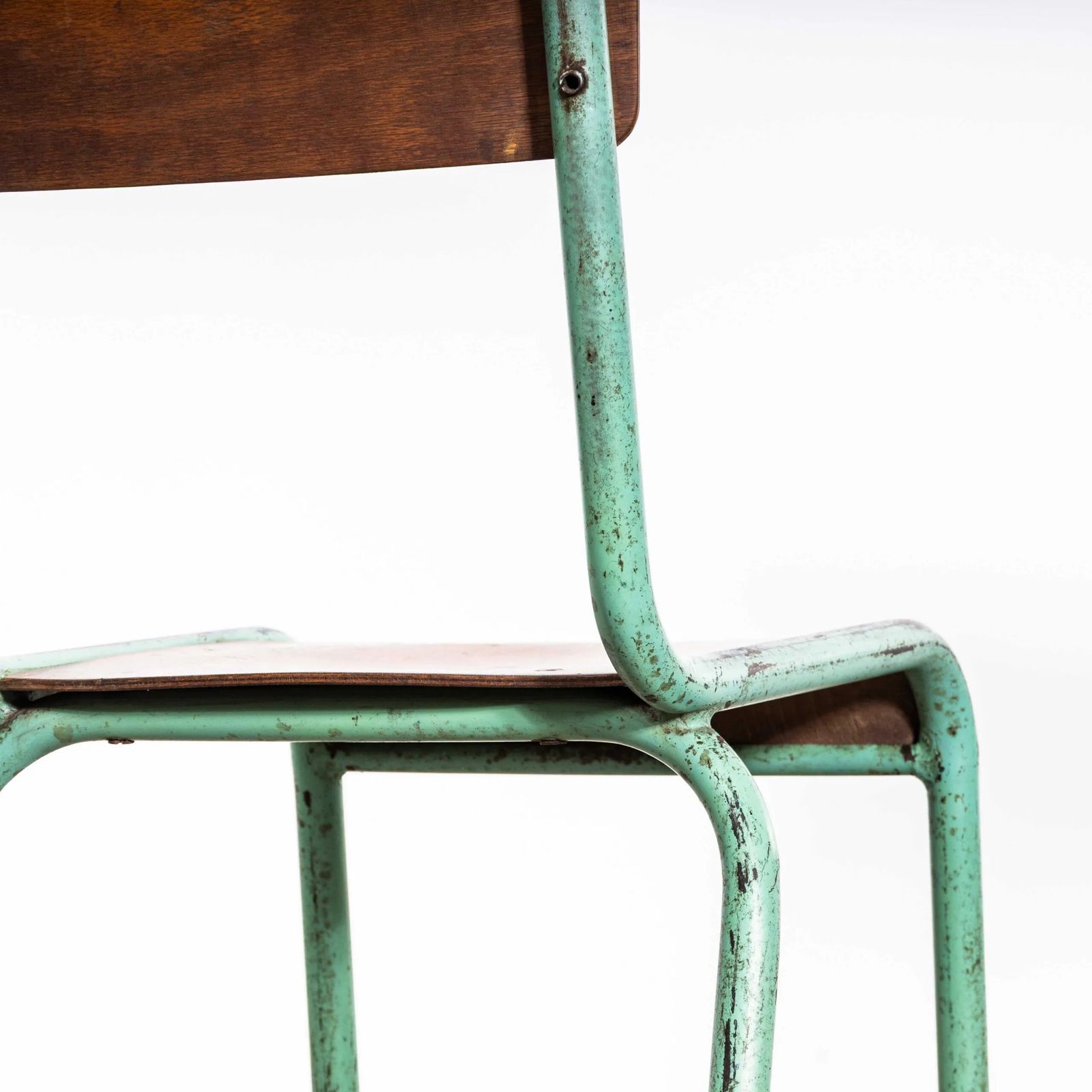 photo for sale 1950’s French Mullca Mint Green Simple Stacking Dining Chairs – Set Of Seven