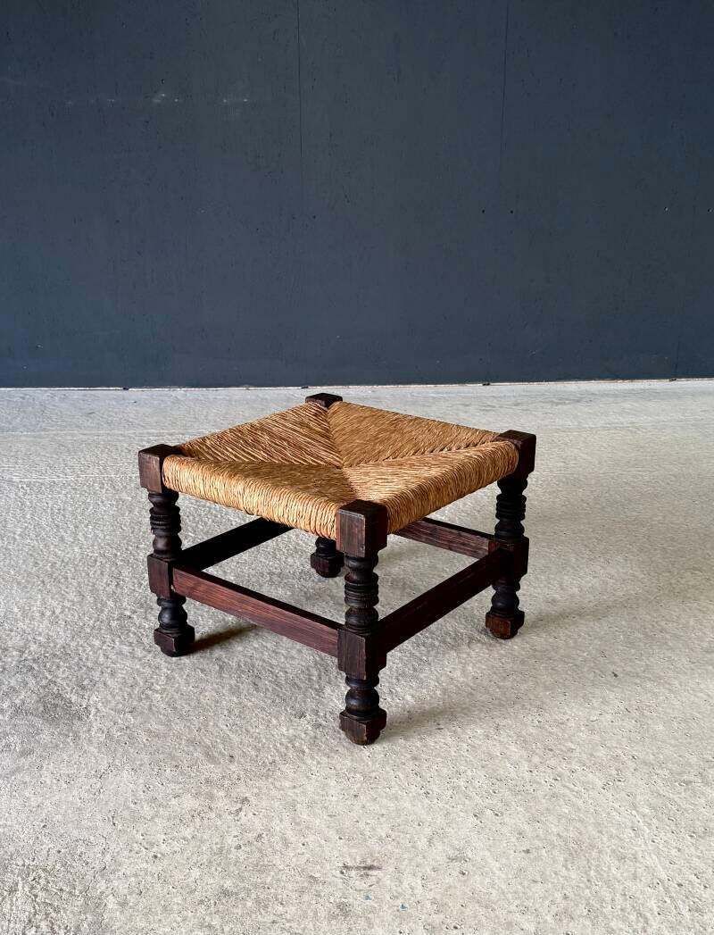 French Country Oak & Rush Low Stool, France 1940's photo furniture