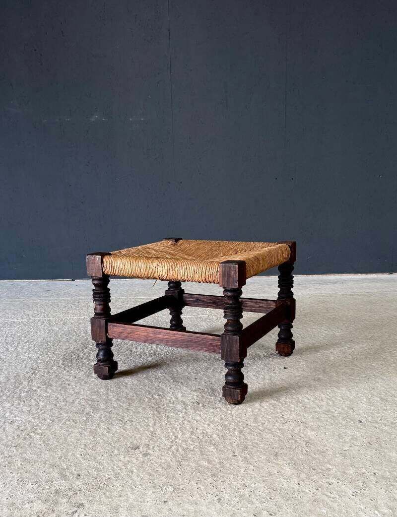 French Country Oak & Rush Low Stool, France 1940's photo Furniture