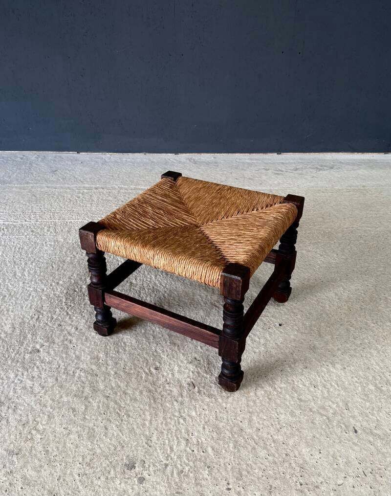 French Country Oak & Rush Low Stool, France 1940's photo vinterior