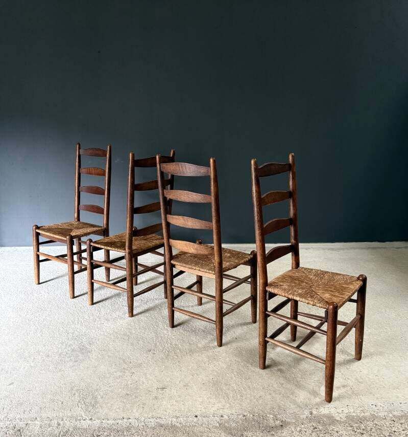 Rustic Design High Ladder Back Oak & Rush Dining Chairs, Belgium 1950's photo 1450.0
