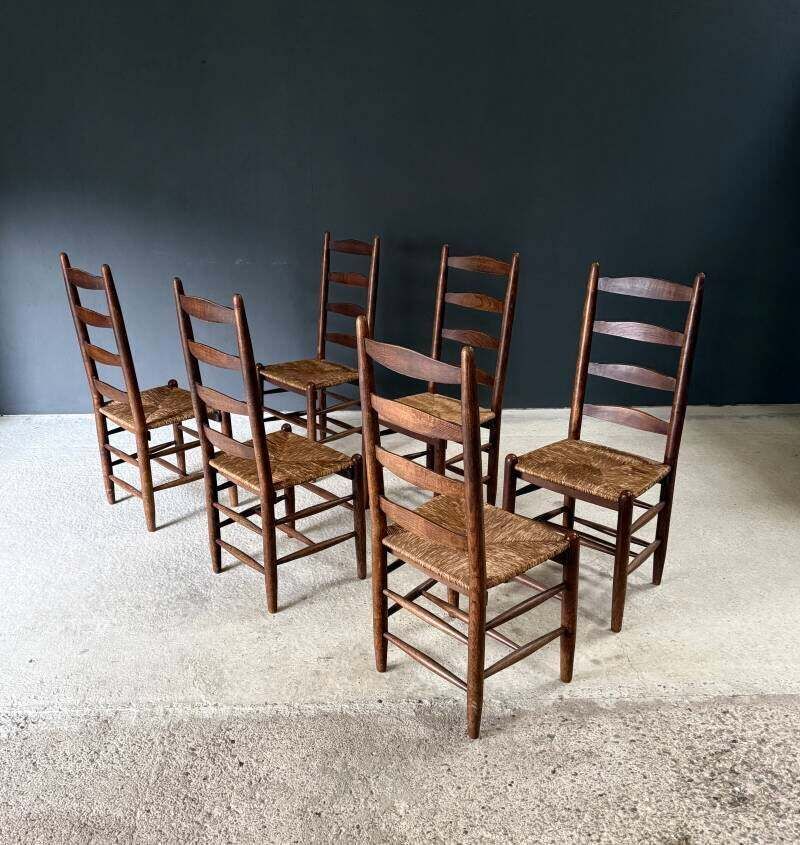 photo for sale Rustic Design High Ladder Back Oak & Rush Dining Chairs, Belgium 1950's