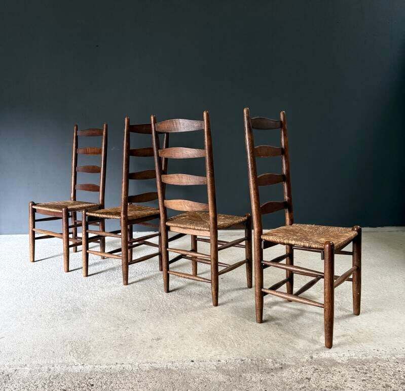 Furniture Rustic Design High Ladder Back Oak & Rush Dining Chairs, Belgium 1950's photo