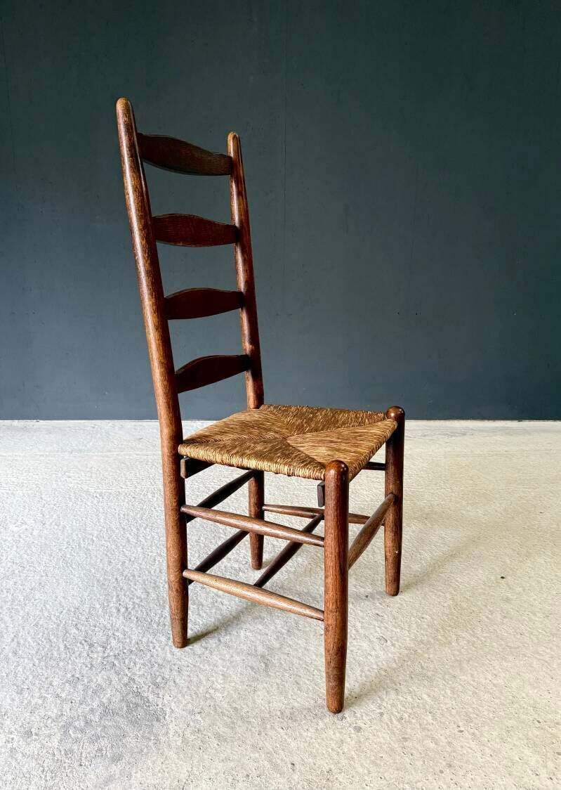 photo buy Rustic Design High Ladder Back Oak & Rush Dining Chairs, Belgium 1950's