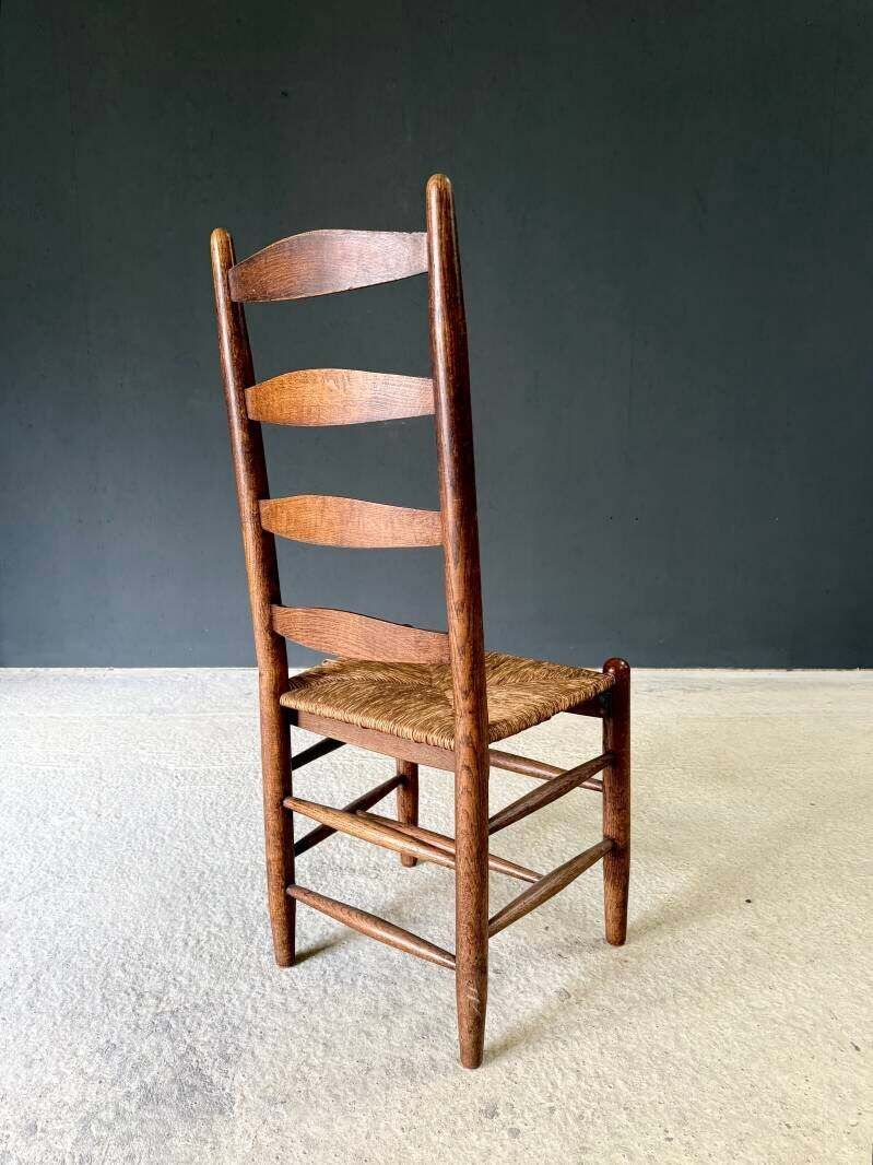 photo vintage Rustic Design High Ladder Back Oak & Rush Dining Chairs, Belgium 1950's