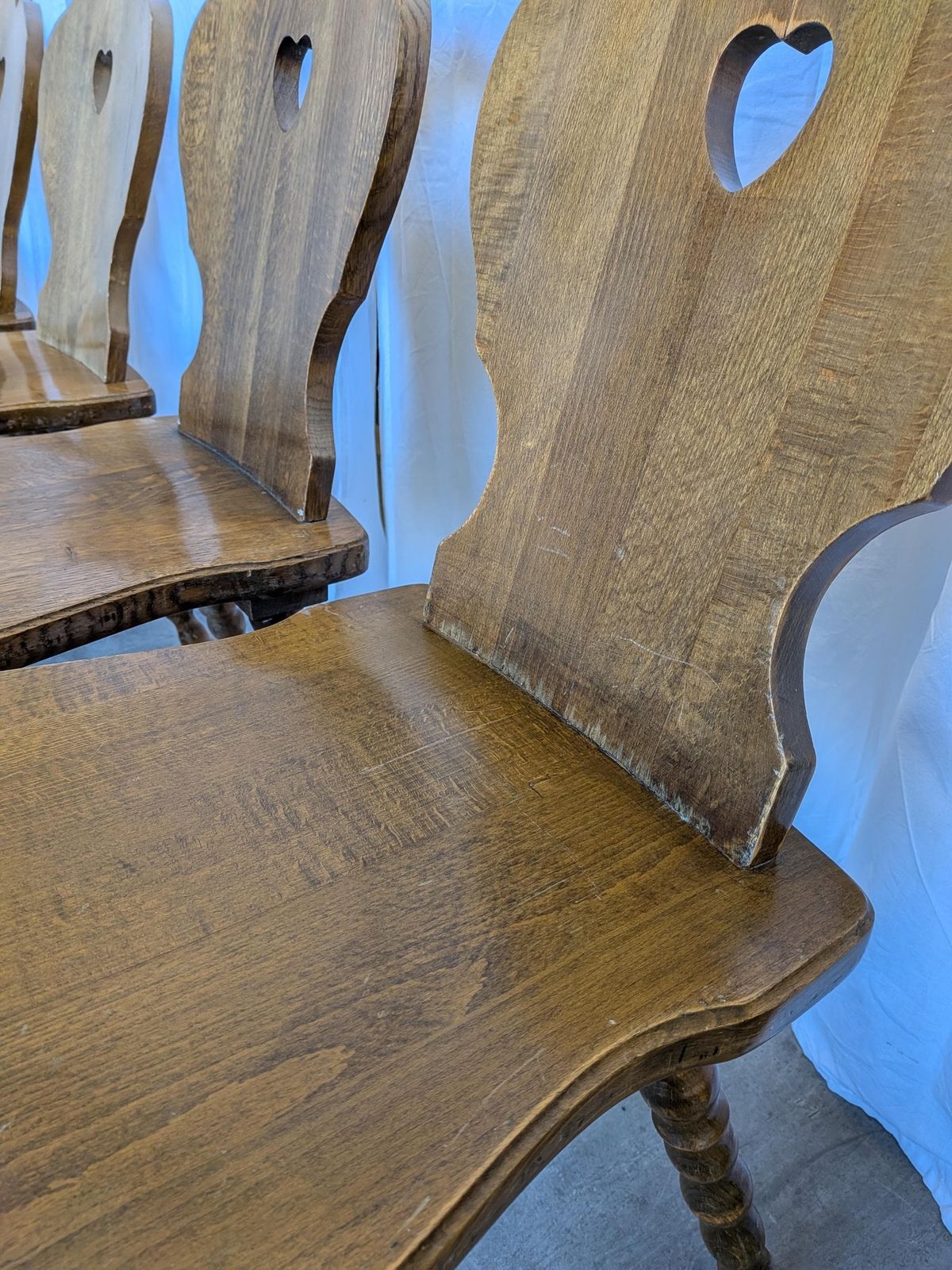 Set Of 6 Vintage Tyrolean Heart Cutout Wooden Dining Chairs / Darker Brown Wood photo Furniture