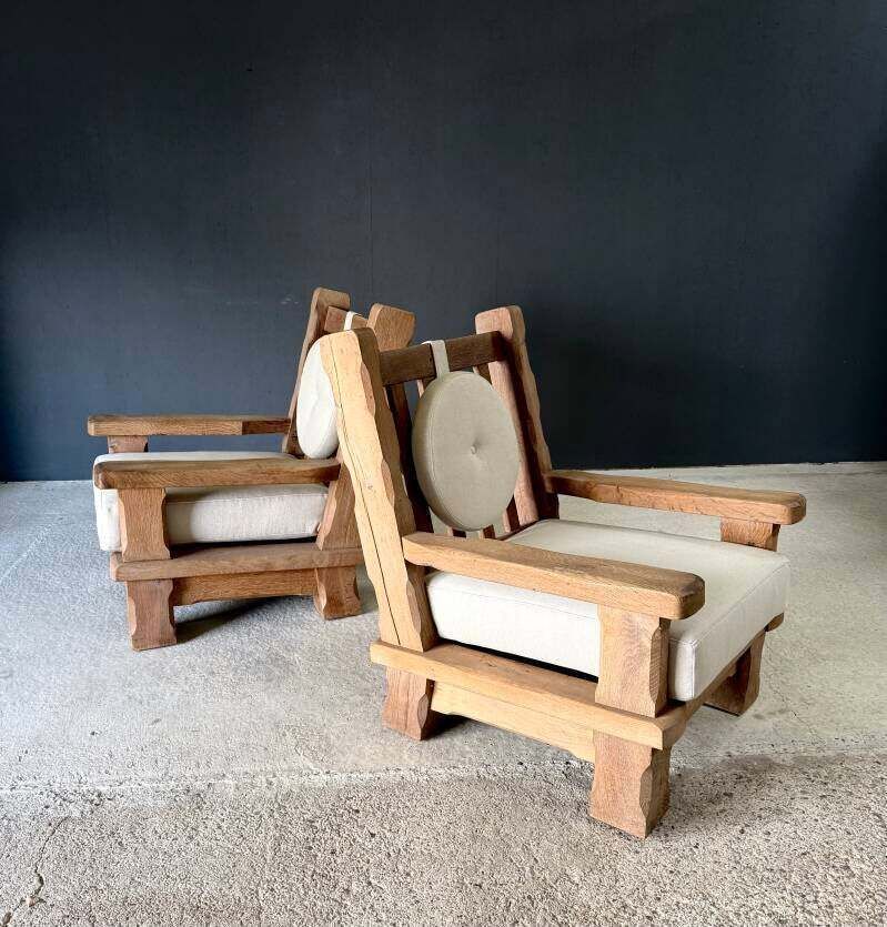 Brutalist Design Xl Oak Lounge Chairs, Belgium 1960's photo vintage