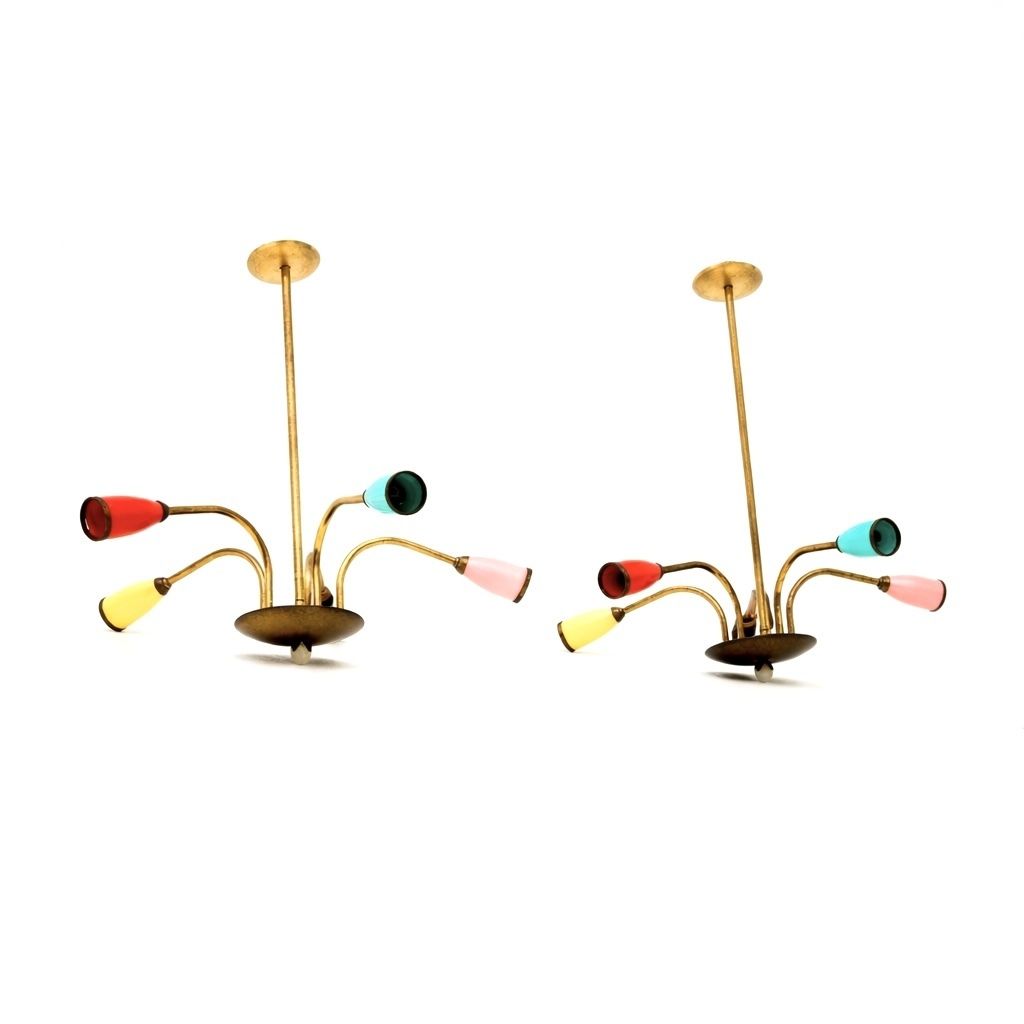 Pair Of Vintage Italian Brass Colourful Chandeliers