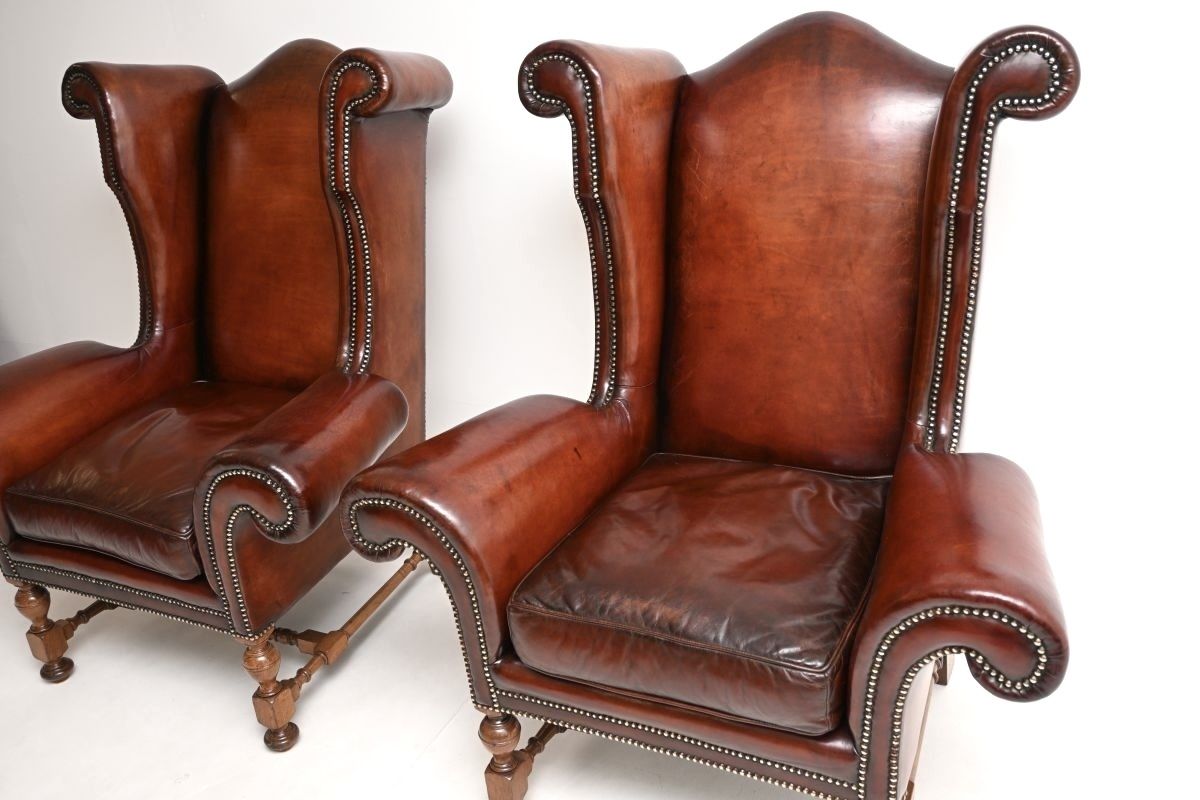Pair Of Antique Leather Wing Back Armchairs photo buy