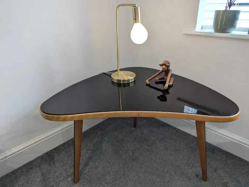 Vintage Mcm 1950s Danish Beech & Smoked Glass Kidney Shaped Side/Coffee Table. photo furniture